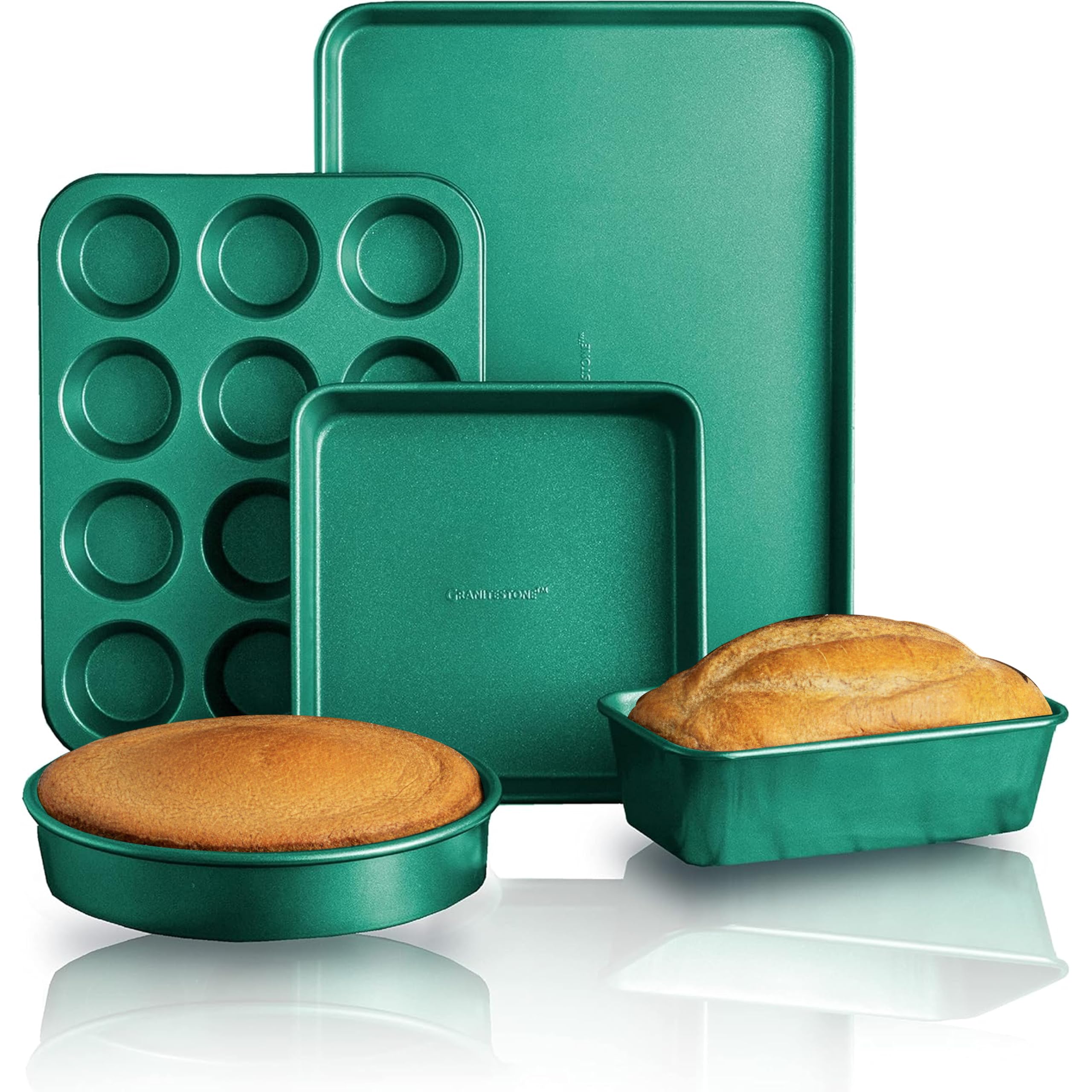 Granitestone Green Nonstick Bakeware Set, 5 Piece No Warp Baking Pans Set, Baking Set Includes Even Heating Baking Sheet for Oven, Muffin Pan, Loaf