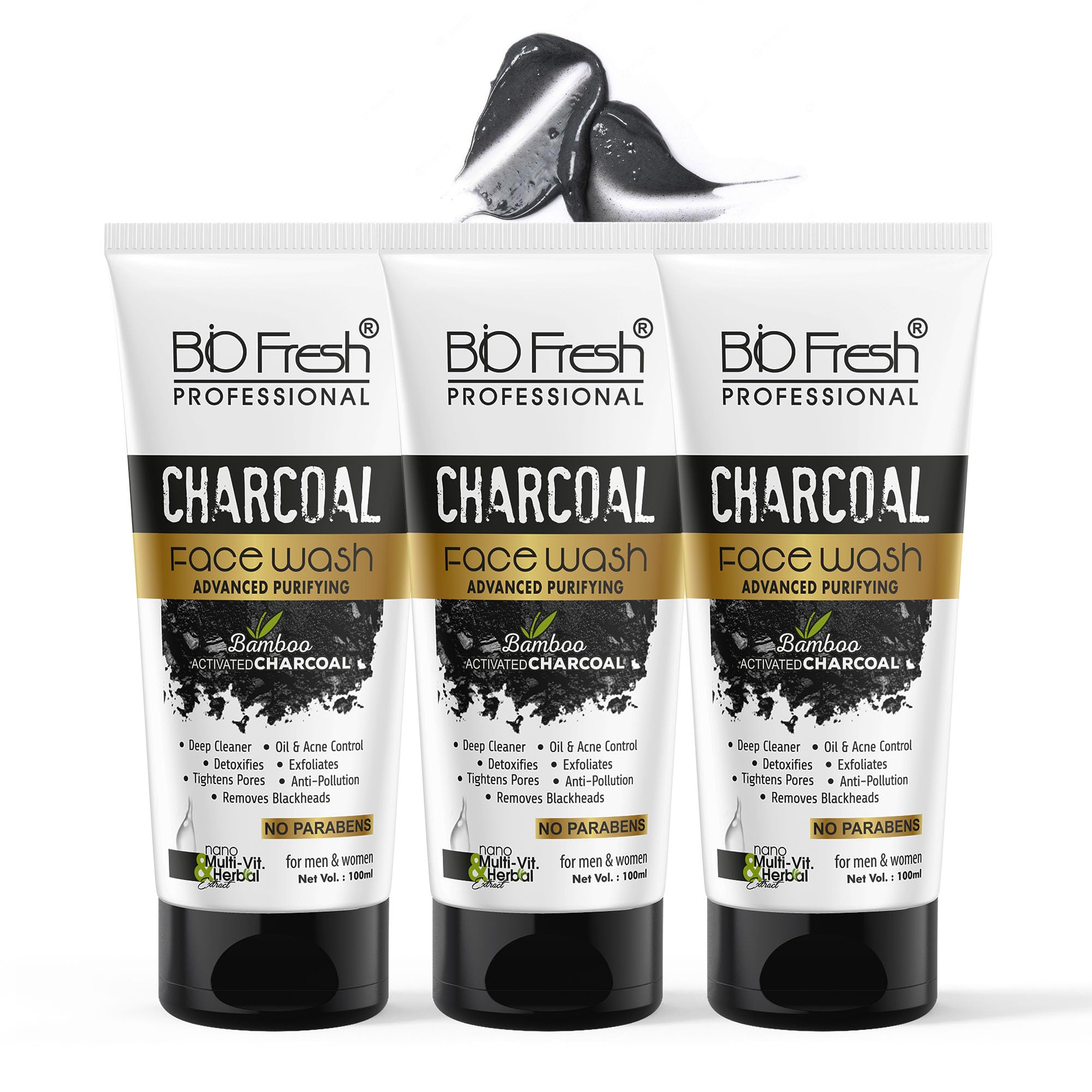 BIOFRESH Charcoal Face Wash - 75ml Anti-Pollution Facial Cleanser Remove Face Oil Absorption & Acne Control Skin Purifying Face Wash Treats Dullness Mens Face Wash (Pack of 3)
