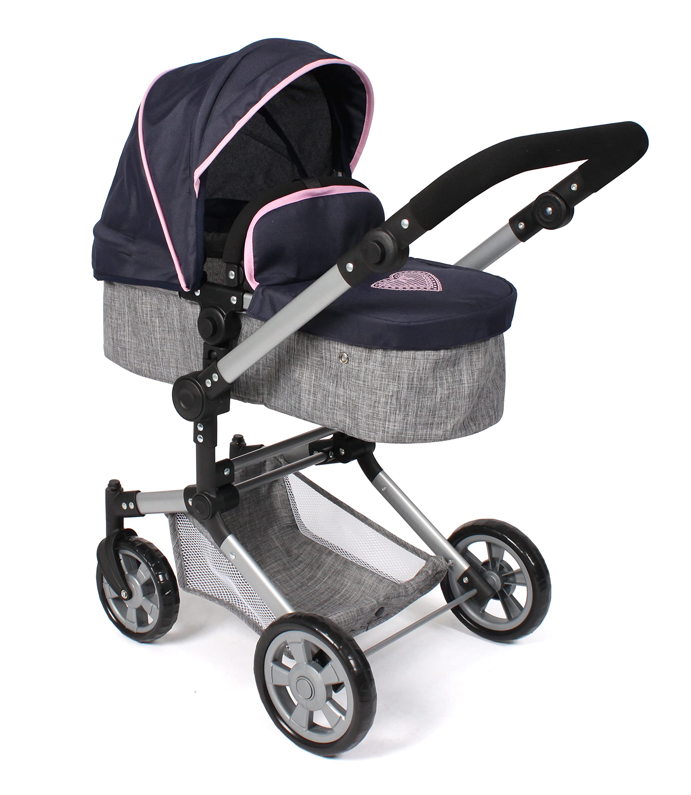 Bayer Chic 2000 Puppenwagen Linus | 2in1 Kombi-Buggy Melange Grau-Navy | Großer 2in1 Kombi-Puppenwagen mit umwandelbarer Wanne für Puppen bis 52 cm. Melange Grau-Navy, hoher Griff 47-78 cm.