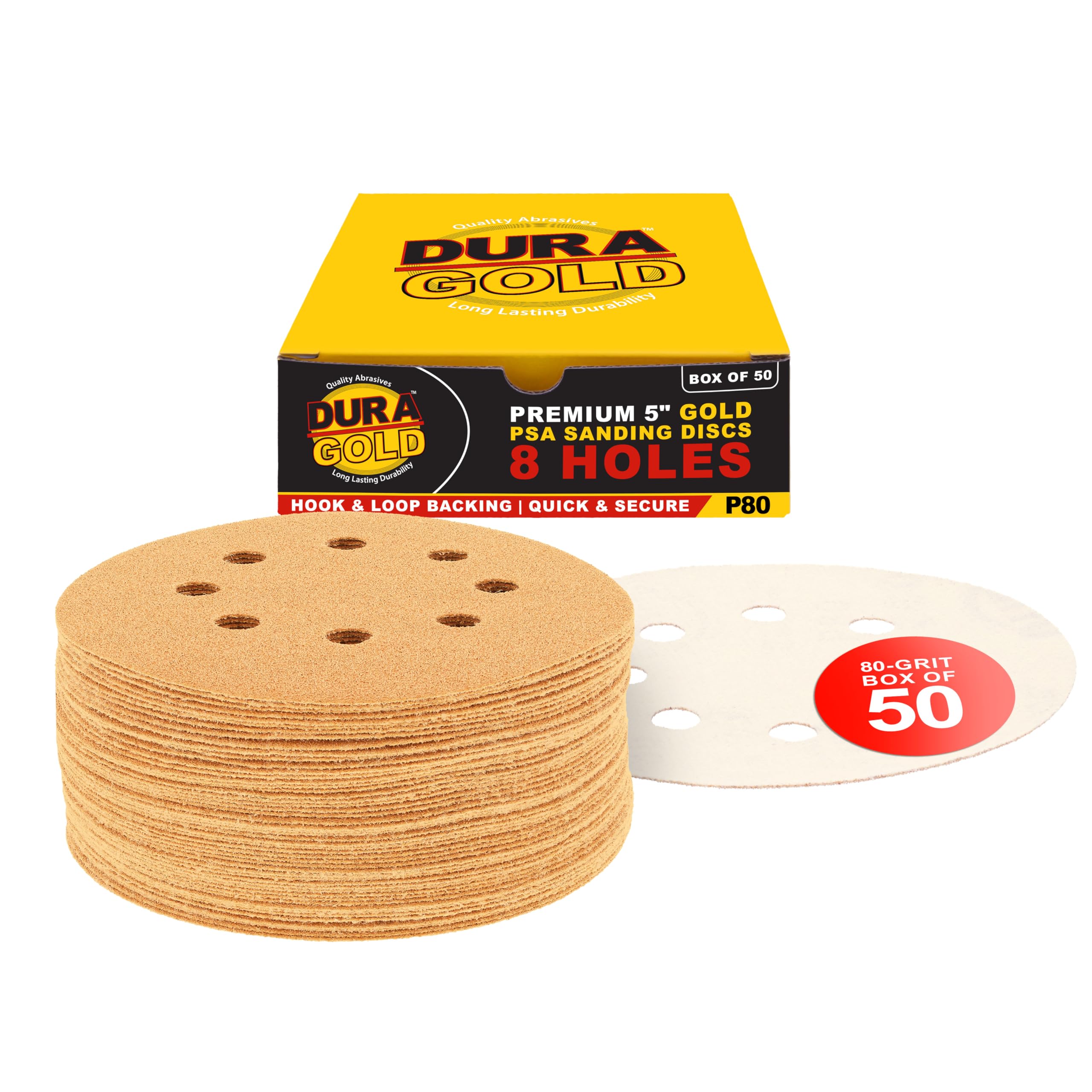 Premium 80 Grit 5" Sandpaper Discs, 8 Hole Pattern Dustless, 50 Discs - Hook & Loop Backing for Orbital DA Sander, Detailing Finishing Color Sanding Automotive Paint Woodworking