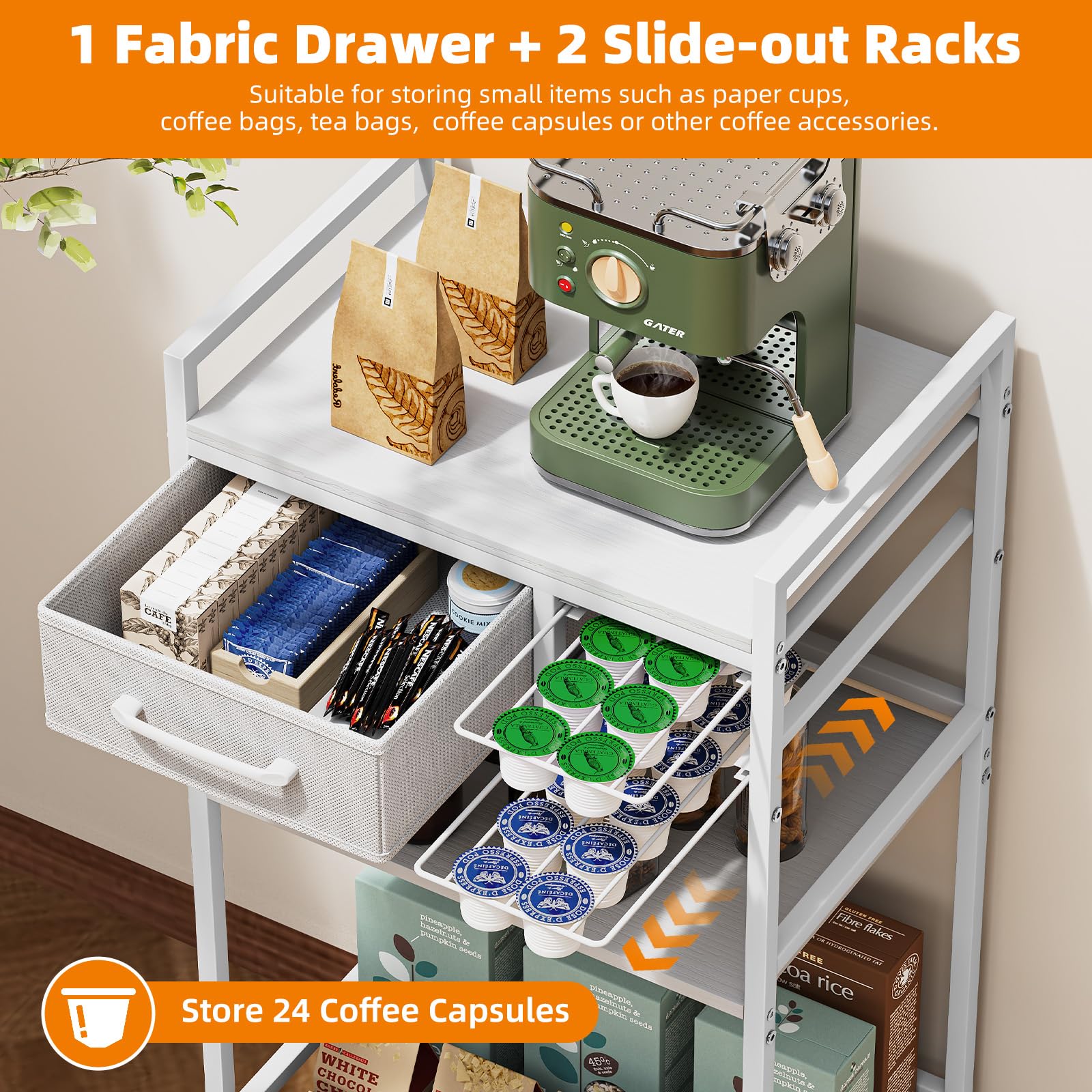 Housolution Mueble Bar de Café Móvil de 4 Pisos con Almacén, Organizador de Café con 2 Cajones para K-Tazas para Nespresso Vertuo, Carrito Bar de Café para Casa, Cocina, Sala de Estar (Blanco + Gris)