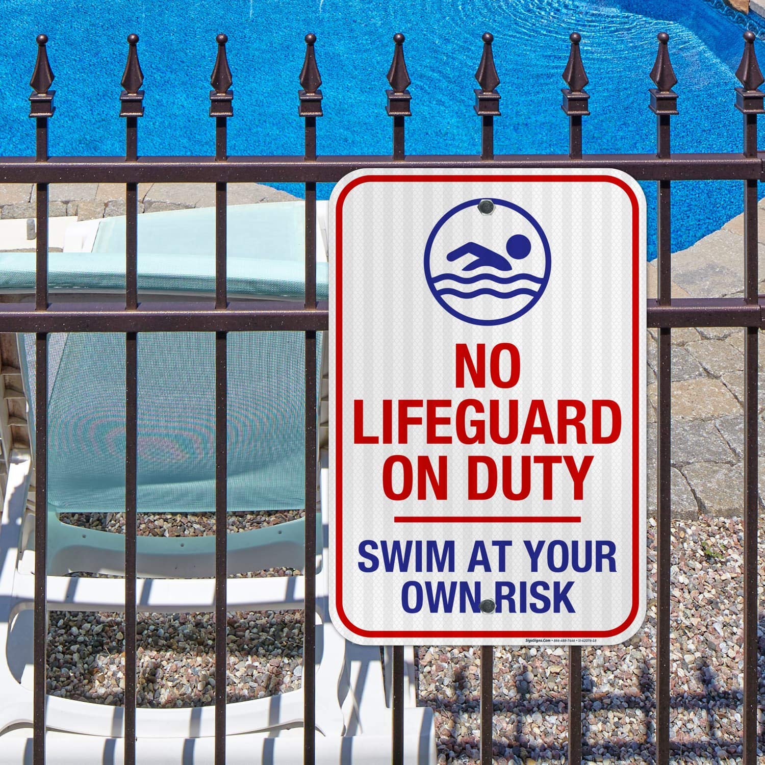 No Lifeguard On Duty Sign, Pool Sign, 12x18 Inches, 3M EGP Reflective 0.63 Aluminum, Fade Resistant, Easy Mounting, Indoor/Outdoor Use, Made in USA