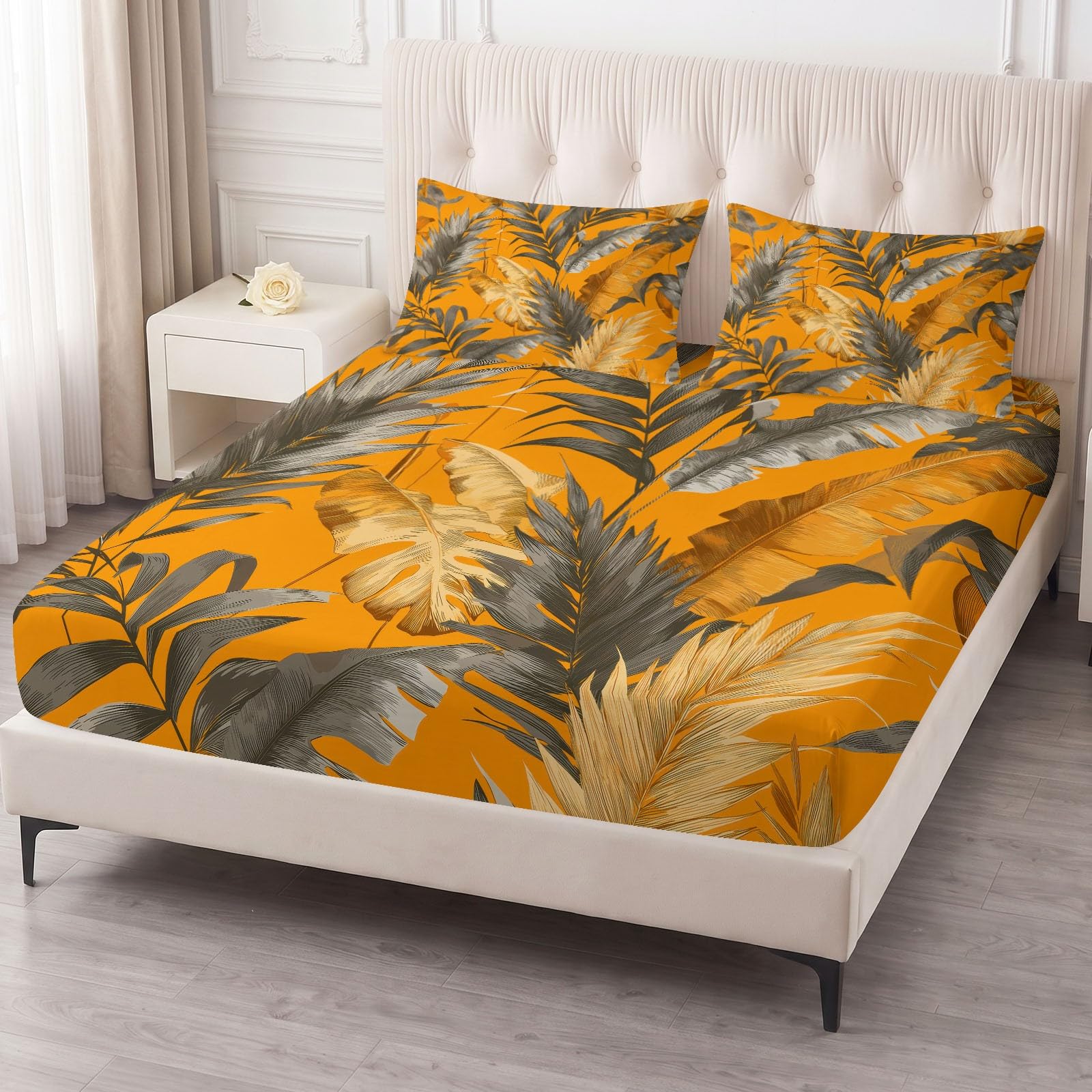 Juego de sábanas bajeras ajustables de 3 piezas, 90 x 200 cm, diseño retro de hojas tropicales de microfibra, suave y acogedora, con 2 fundas de almohada de 80 x 80 cm, colchones de hasta 30 cm
