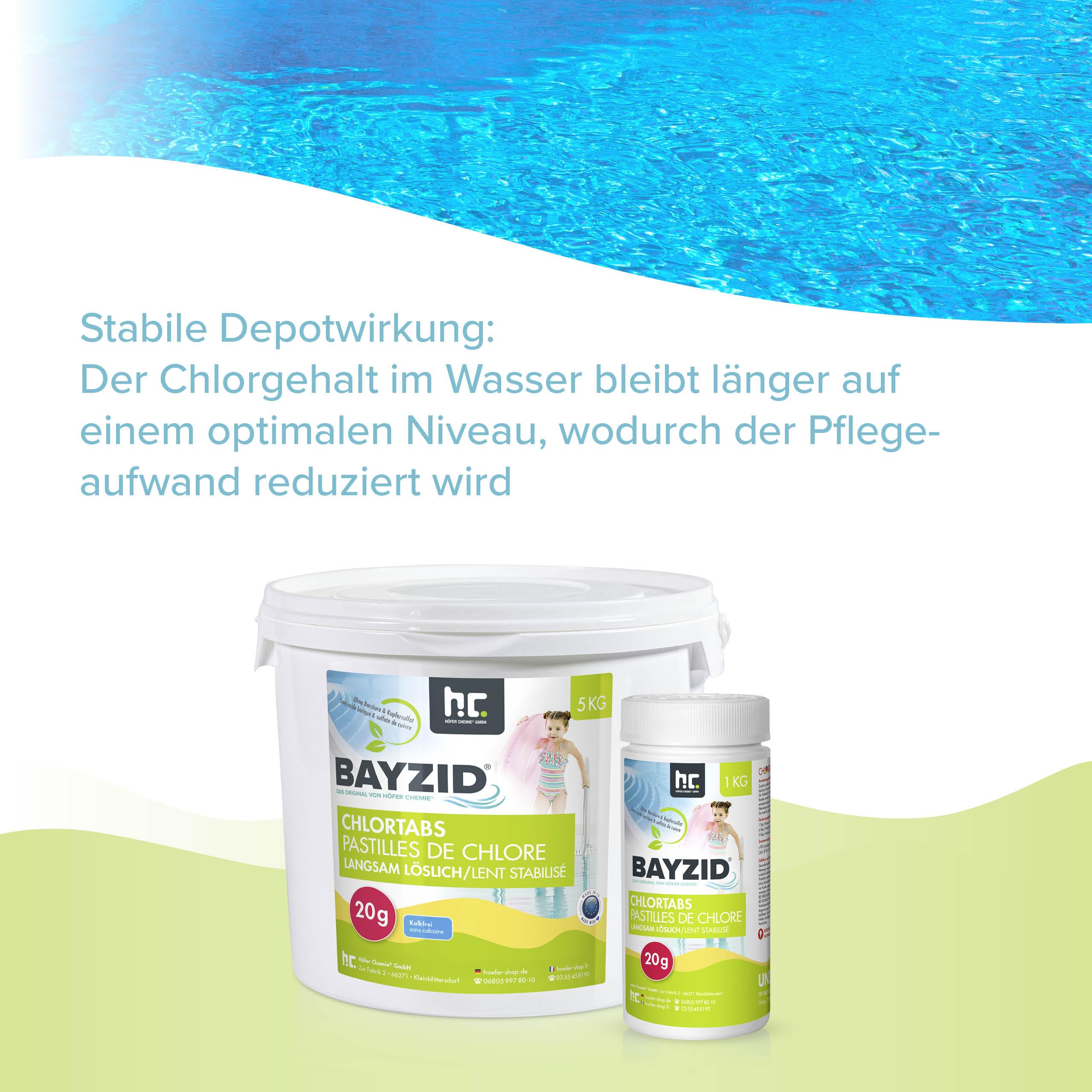 Höfer Chemie 20g Chlor Tabletten langsam löslich im 5 kg Eimer - zur dauerhaften Chlorung von Pool und Schwimmbad - Hochwirksam gegen Bakterien und Pilze - Bayzid