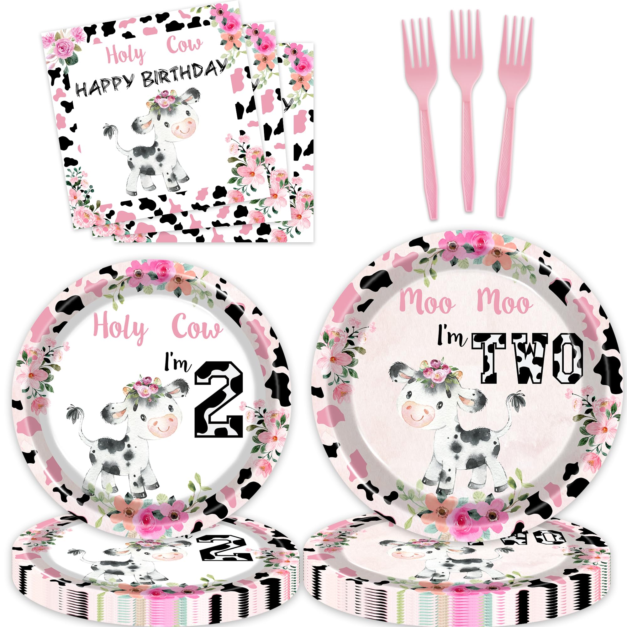 80 Pcs Holy Cow I'm Two Girls Birthday Decorations Moo Moo I'm Two Paper Dinner Plates Napkins Forks Dinnerware for Farm Animals Cow Themed Girls 2nd