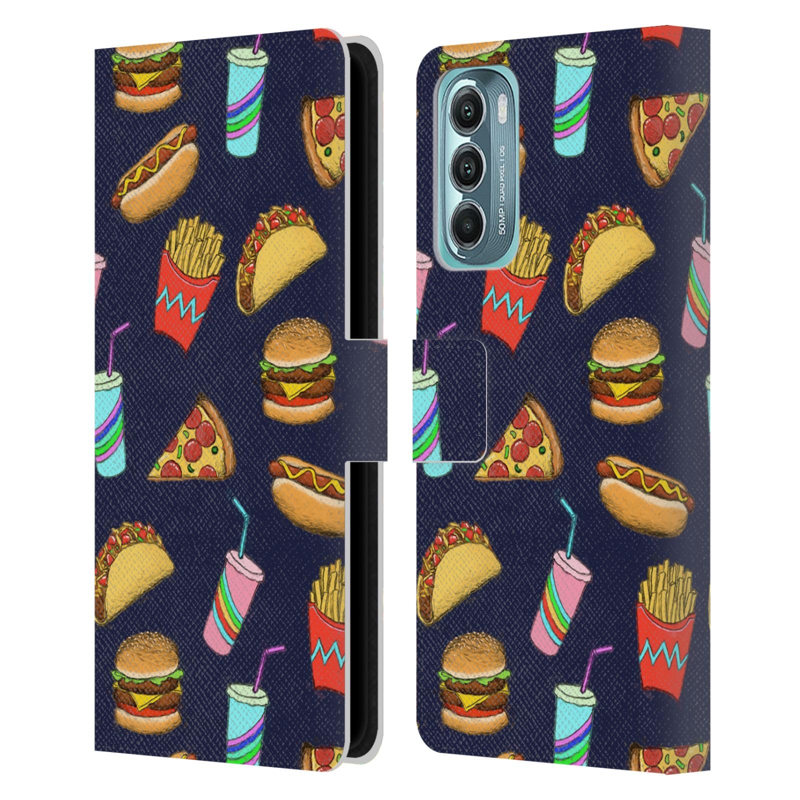 Head Case Designs Officially Licensed Micklyn Le Feuvre Fast Food On Navy Patterns 2 Leather Book Wallet Case Cover Compatible with Motorola Moto G Stylus 5G (2022)