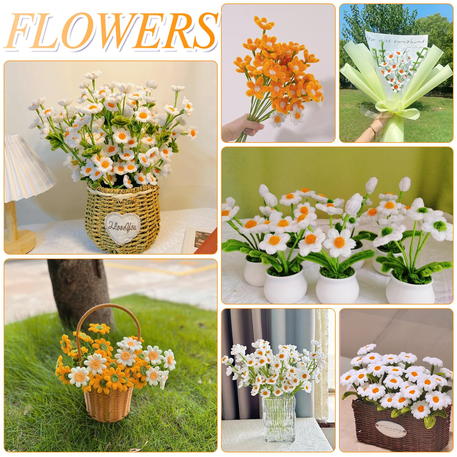 Daisy - Detergente per pipa per bouquet, 300 pezzi, per fai da te, filo di ciniglia, pulitore per pipe, con nastro e bastoncini per fiori, per progetti artigianali (verde, oro, bianco
