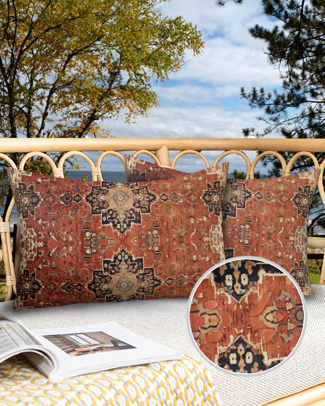 Edwiinsa Southwest Outdoor Pillow Covers Waterproof, All Weather Cushion Case Set of 2, Geometric Stripe Boho Native Flower Print Lumbar Pillowcase for Sofa Couch Bed Decor Patio Furniture 20