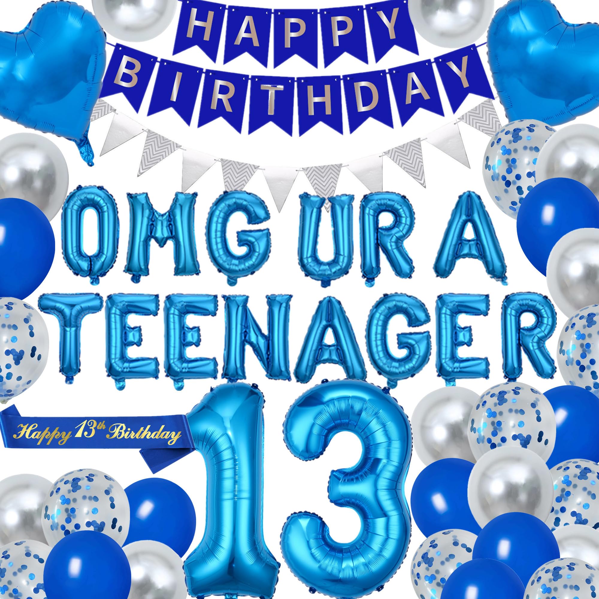 13th Birthday Decorations Thirteen Teenager Birthday OMG UR A Teenager Balloons 13th Sash Happy Bday Banner for 13 Year Old Teen Boys Girls Party