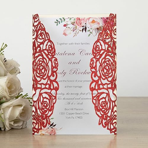 Miniatura 10 de 50 invitaciones cortadas con láser con sobres y tarjetas RSVP con purpurina dorada en forma de rosa hueca invitación de boda con cintas preatadas