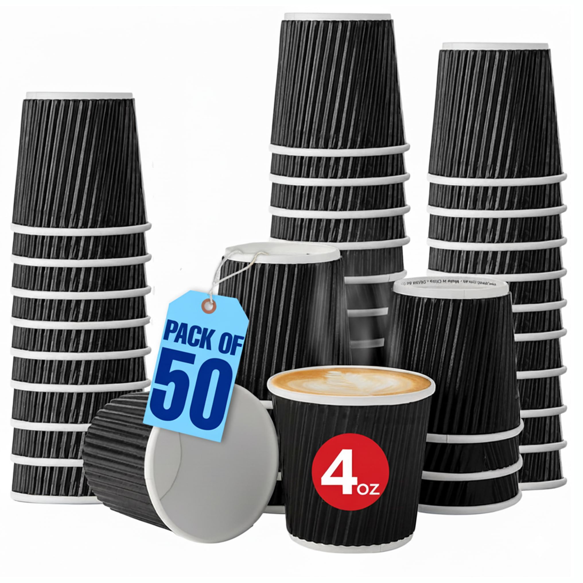 MARKQ [Set of 50] [4 Oz] Black Disposable Coffee & Tea Cups - Hot Beverage Corrugated Tripple Wall Disposable Paper Cups - Eco-Friendly