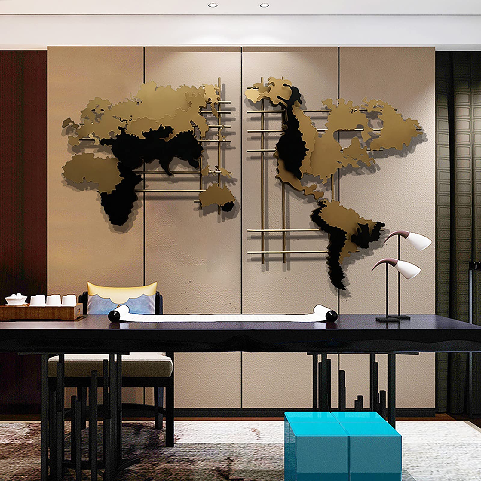 Carte Du Monde Murale Métal 3D Dorée – 60x120 Cm, Sculpture Murale Grande Taille Pour Salon & Chambre Moderne