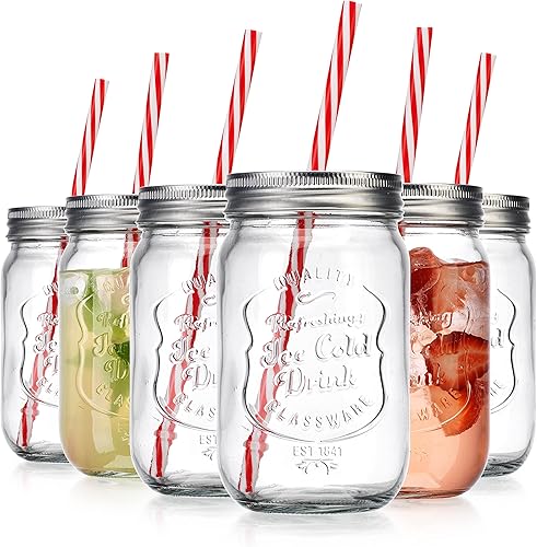 Glaver's Tarros para beber Mason  Juego de 6 tarros de vidrio con tapa  Tazas de vidrio transparente de 15 onzas  Espacioso y fácil de transportar