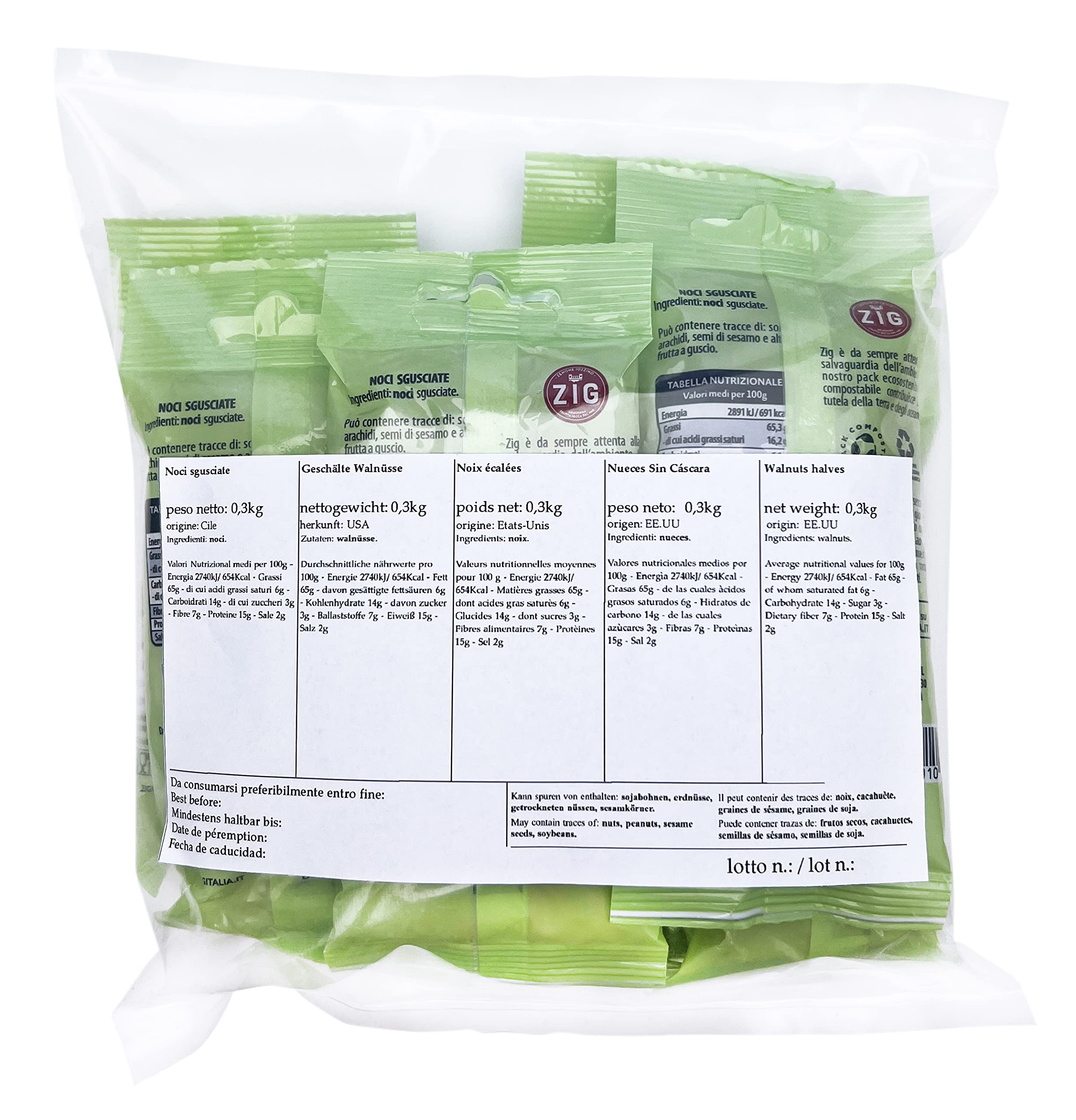 ZIG - Snack Fruits & Nuts - Nueces sin cáscara 300g (10 sobres de 30g) Pack 100% compostable