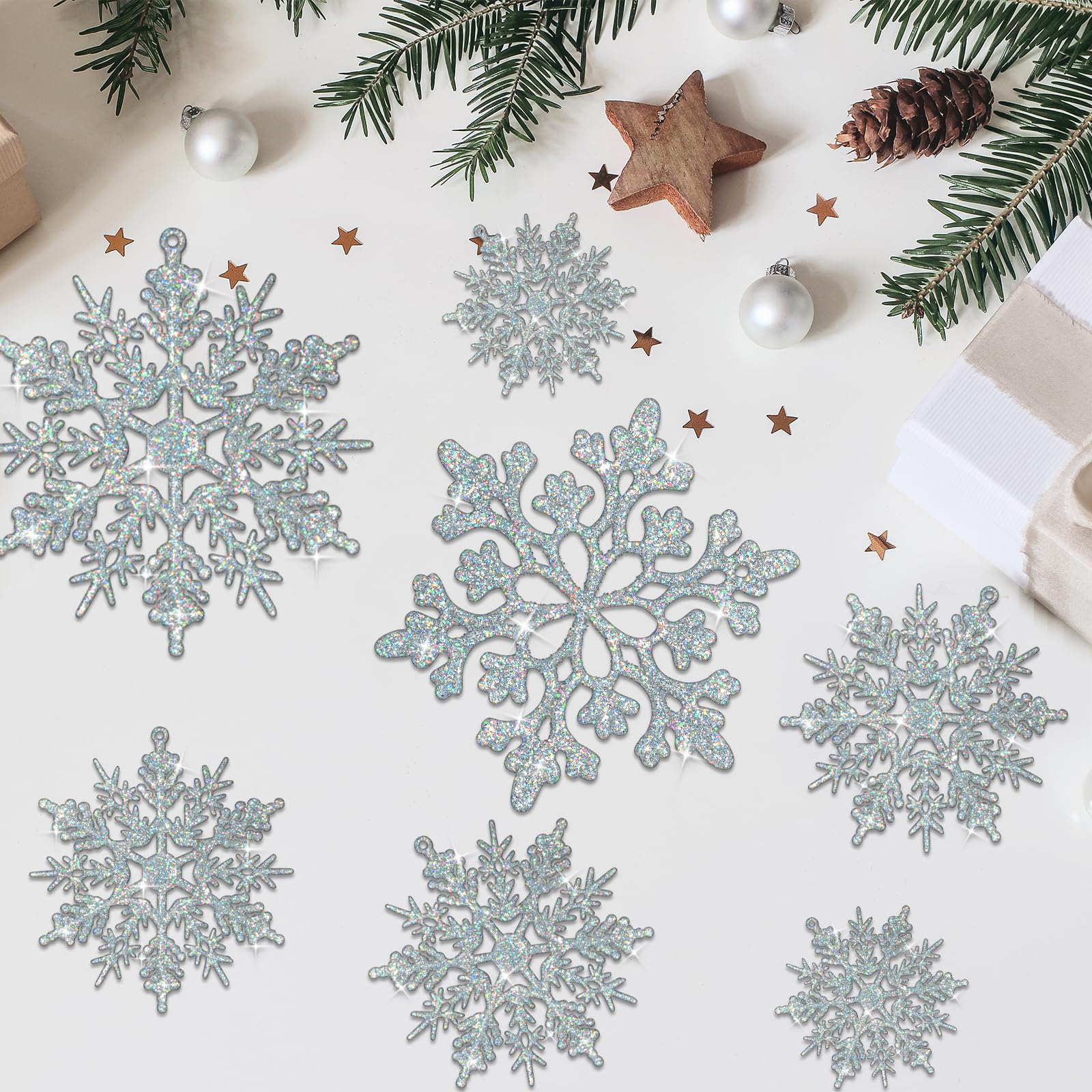 36 Stück schillernde silberne Weihnachts-Schneeflocken-Ornamente, Kunststoff funkelnde Glitzer-hängende Schneeflocken für Weihnachtsbaumschmuck, Winterwunderland, Frozengeburtstag, Party, Urlaub