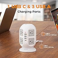 Vista 7 de TESSAN Regleta protectora contra sobretensiones en torre de 10 pies, cable de extensión plano largo con múltiples tomas, 8 salidas de CA con 4