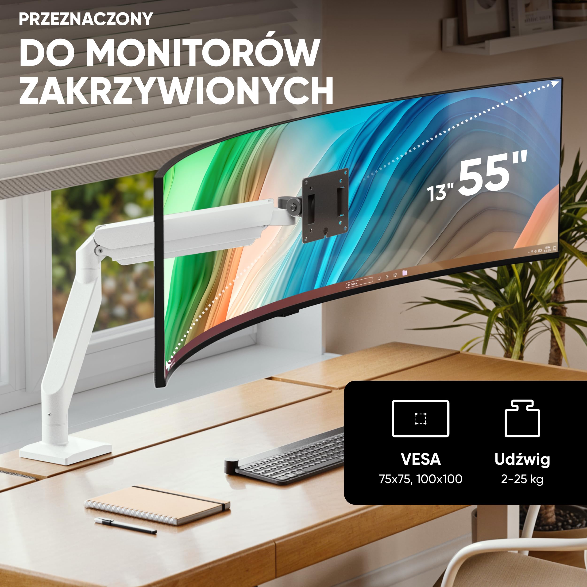 ONKRON Uchwyt do monitora 15-42 cali 15 kg VESA 75x75-100x100 z USB sprężyna gazowa G110-BG
