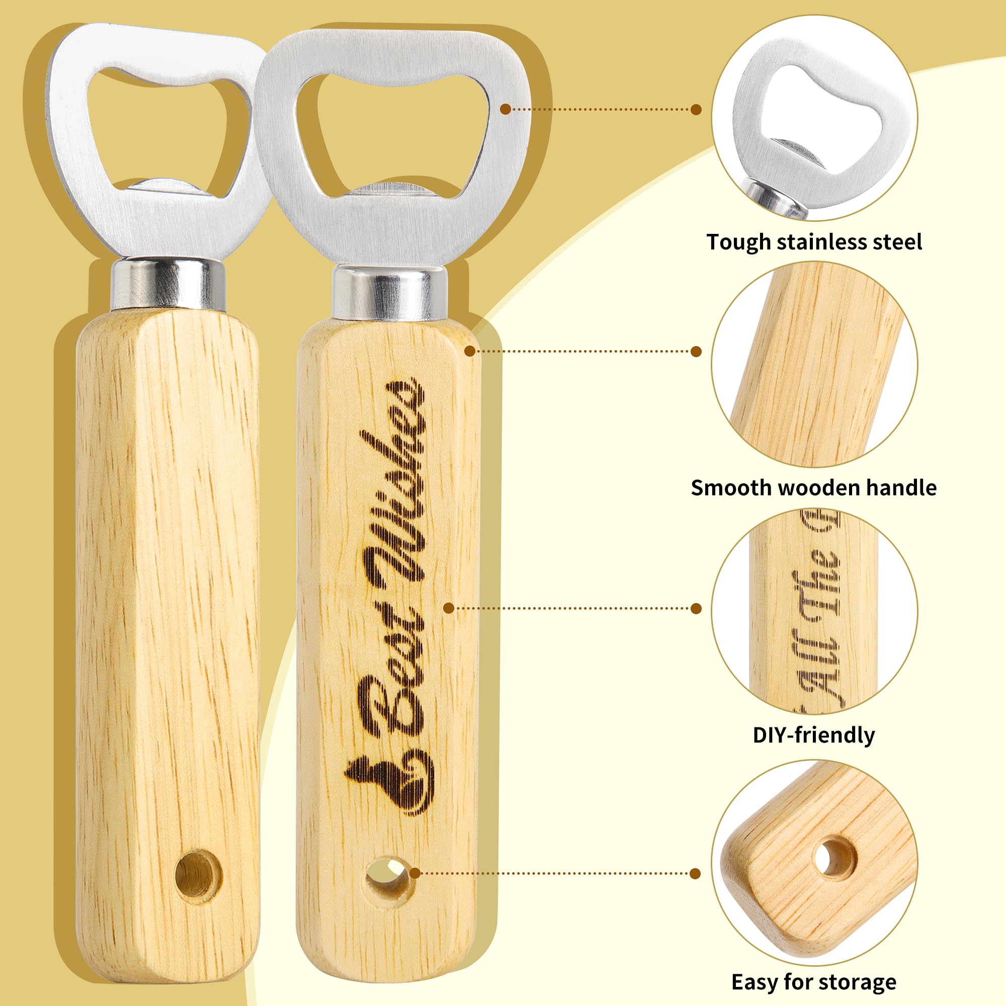 Engravable Wooden Bottle Openers, 6 PCS Handheld Beer Openers with Stainless Steel Heads & Hanging Hole - Image 3