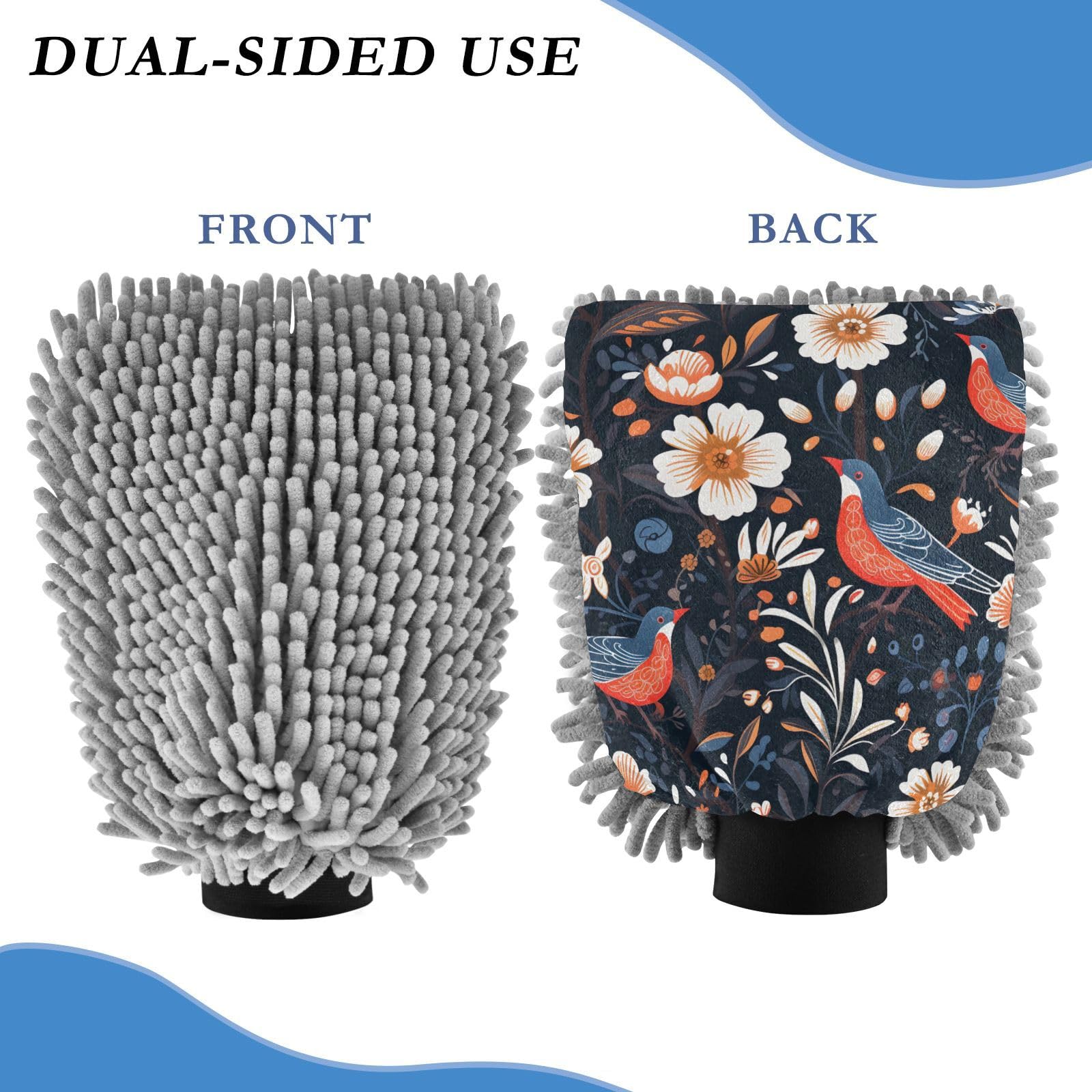 IOACIY Absorbent Microfiber Car Wash Drying Mitts, 2 Pack, Scratch-Free & Lint-Free, Rich Foam, Highly Absorbent, Double Sided, Wash Mitt Perfect for Car Washing, M, Chinese Painting Bird (7)
