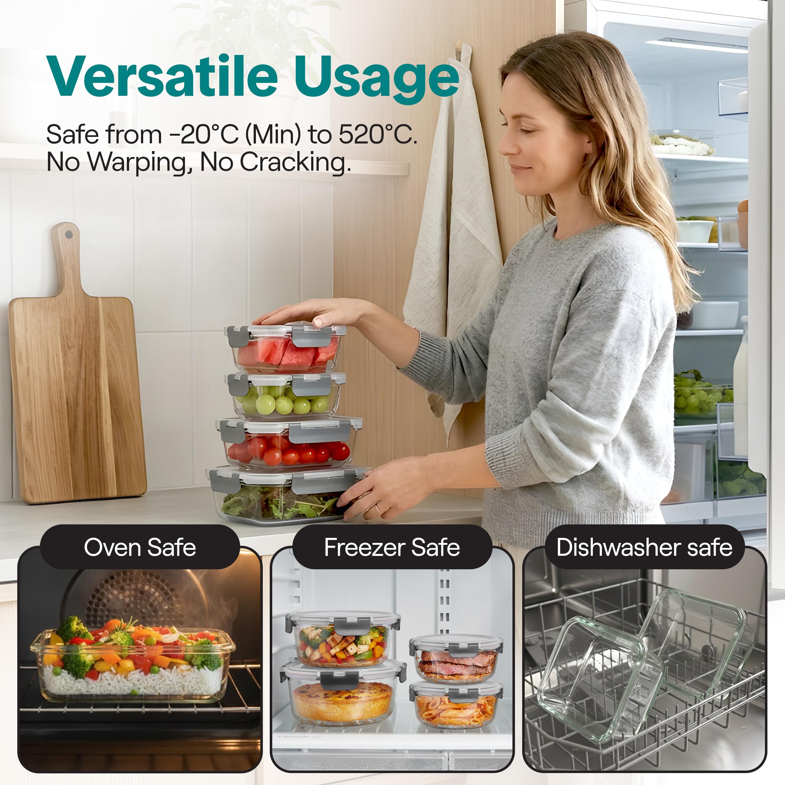SLGL24GY - Contenedores de almacenamiento de vidrio para alimentos de 24 piezas, diseño apilable con tapas de bloqueo con bisagras recién innovadas, capacidad de 11 a 34 onzas, color gris
