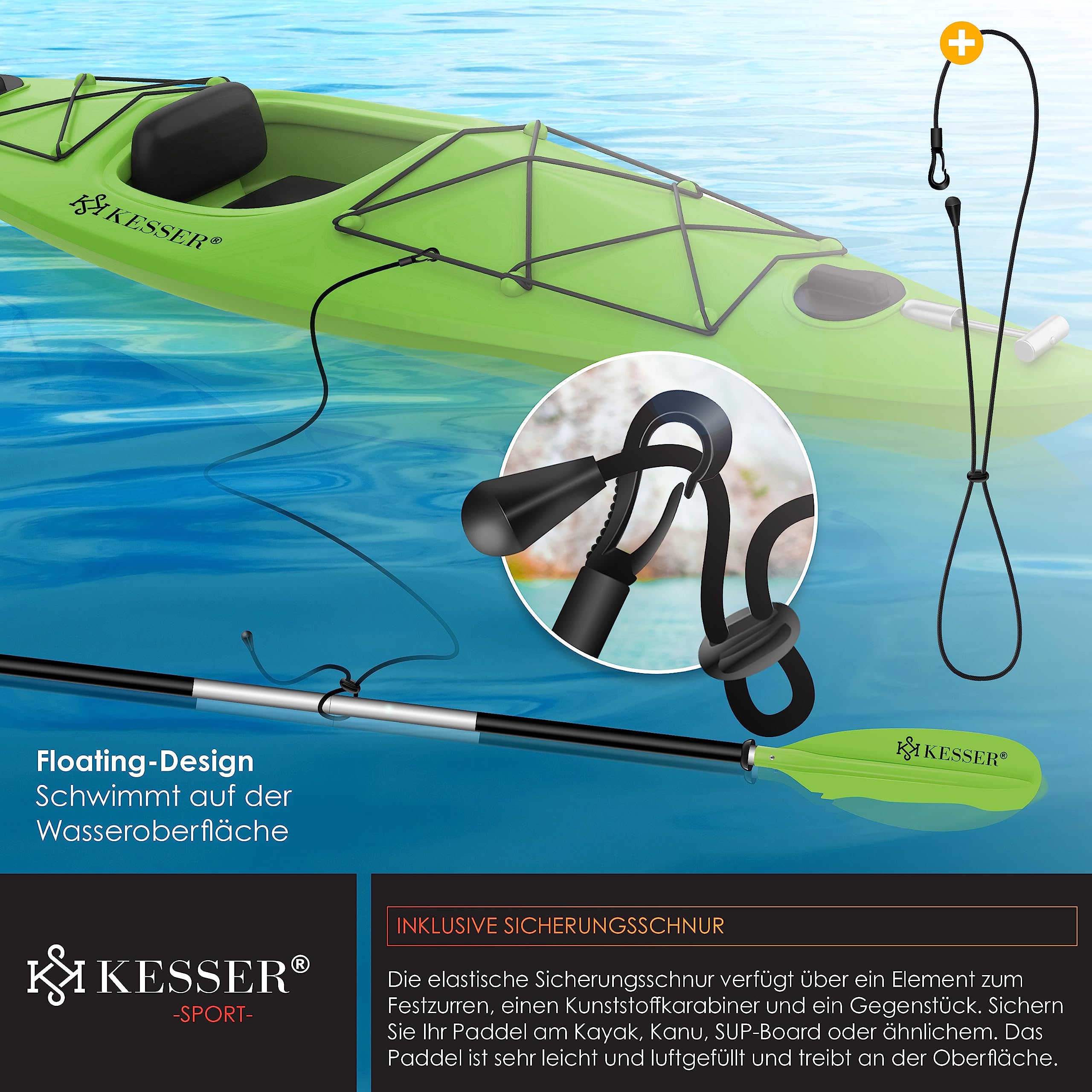KESSER® Paleta Doble – 4 Piezas para Canoa Kayak Sup Stand-Up Paddling Board Pala de Remo, 228 cm de Aluminio, Muy Ligera para Bote Inflable, Remo, Kayak, Surf Board Bote