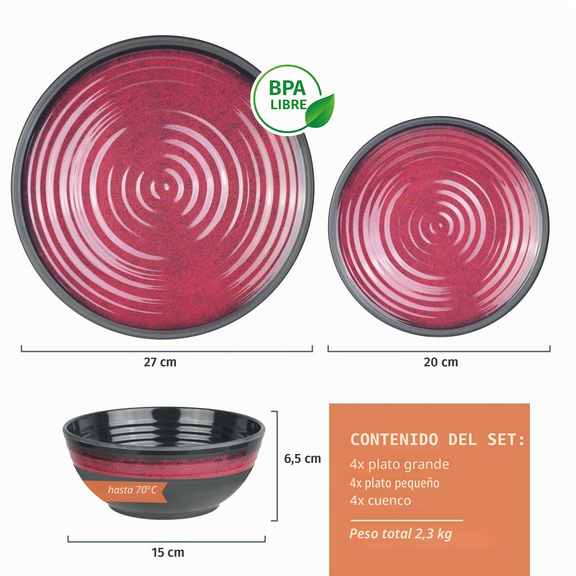 Vajilla de melamina para camping para 4 personas, 12 piezas, apta para lavavajillas, vajilla de pícnic, vajilla de camping, diseño rojo piedra