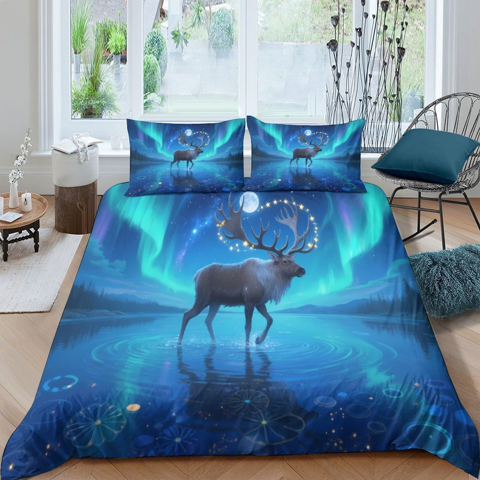GPLZQXKJNH 3D Printed Aurora Elk Duvet Cover Set Microfiber Soft Breathable Nordic Forest Bedding Set with 2 Pillowcases for Bedroom Home Single（135x200cm）