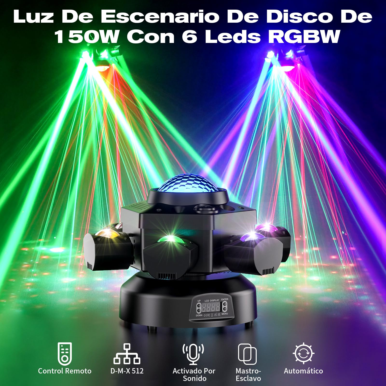 Teste Mobili LED 150W RGBW Discoteca Luci con telecomando 6 bracci lampada Palco Luce di Scena DMX512 Stroboscopica per Natale Feste Bar Club Matrimoni Chiesa Live Band