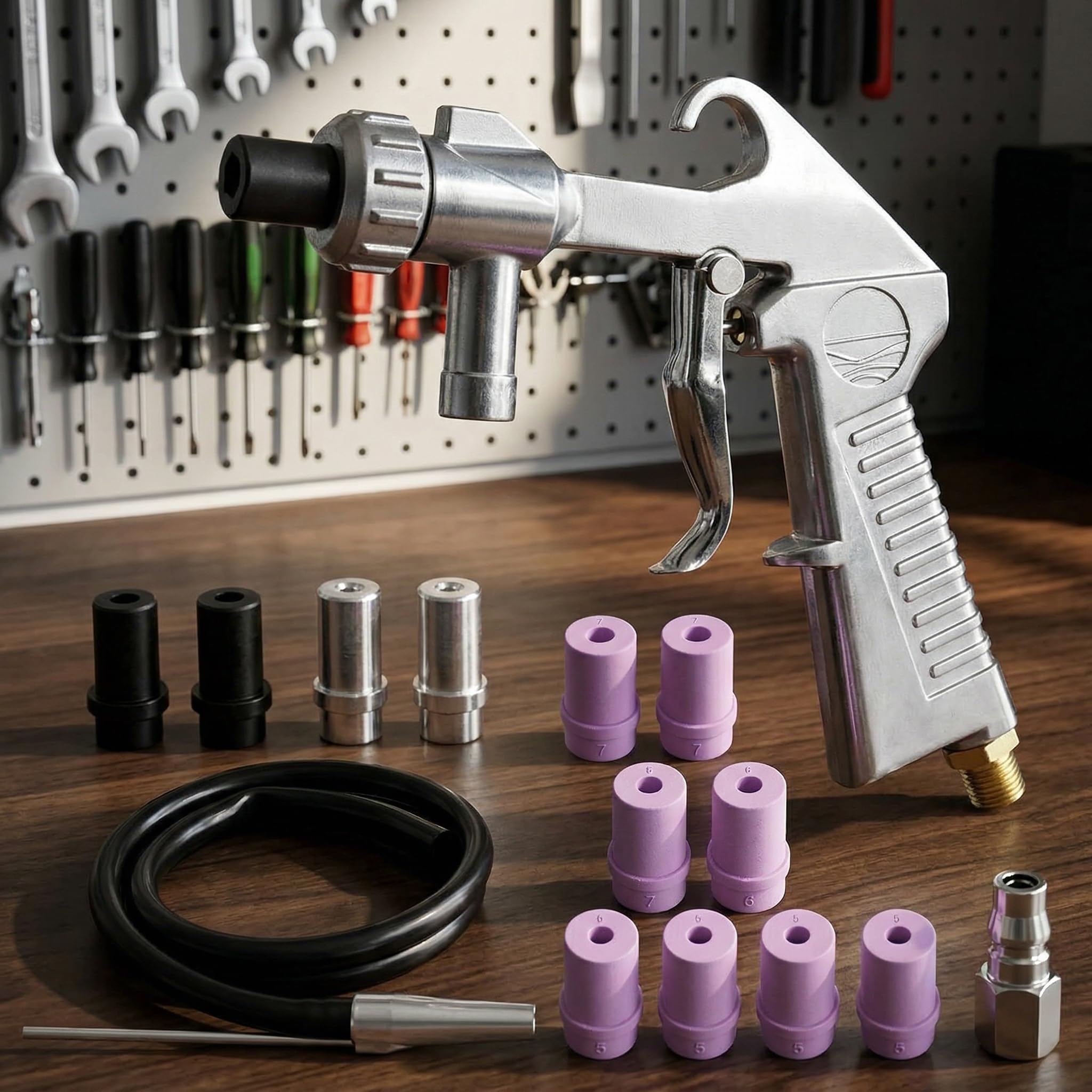 Sandstrahlpistole Set Druckluft, Sandstrahlen Pistole Kit mit 1m Gummischlauch, verschiedenen Düsen und Luftanschlussnippel, zum Sandstrahlen für Auto, Rostentfernung und Heimwerker, Aluminium
