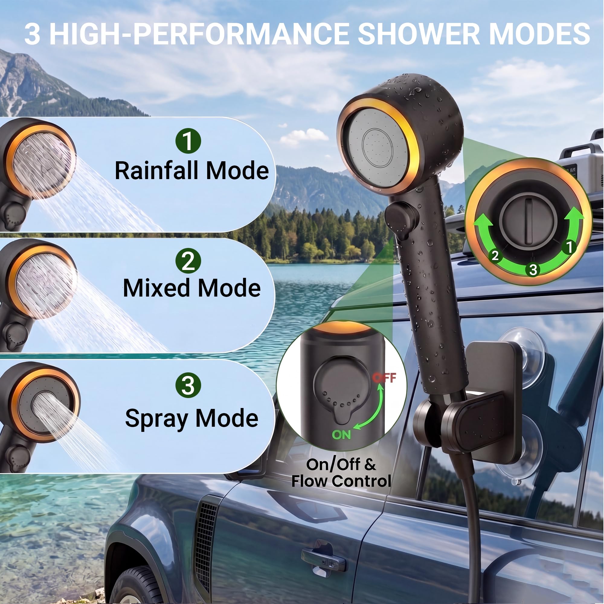 Douche de camping portable, 8 000 mAh, longue durée, rechargeable avec écran LED, 5 modes de pulvérisation, haute pression d'eau, pompe de camping étanche IPX8 pour randonnée, voyage, voiture