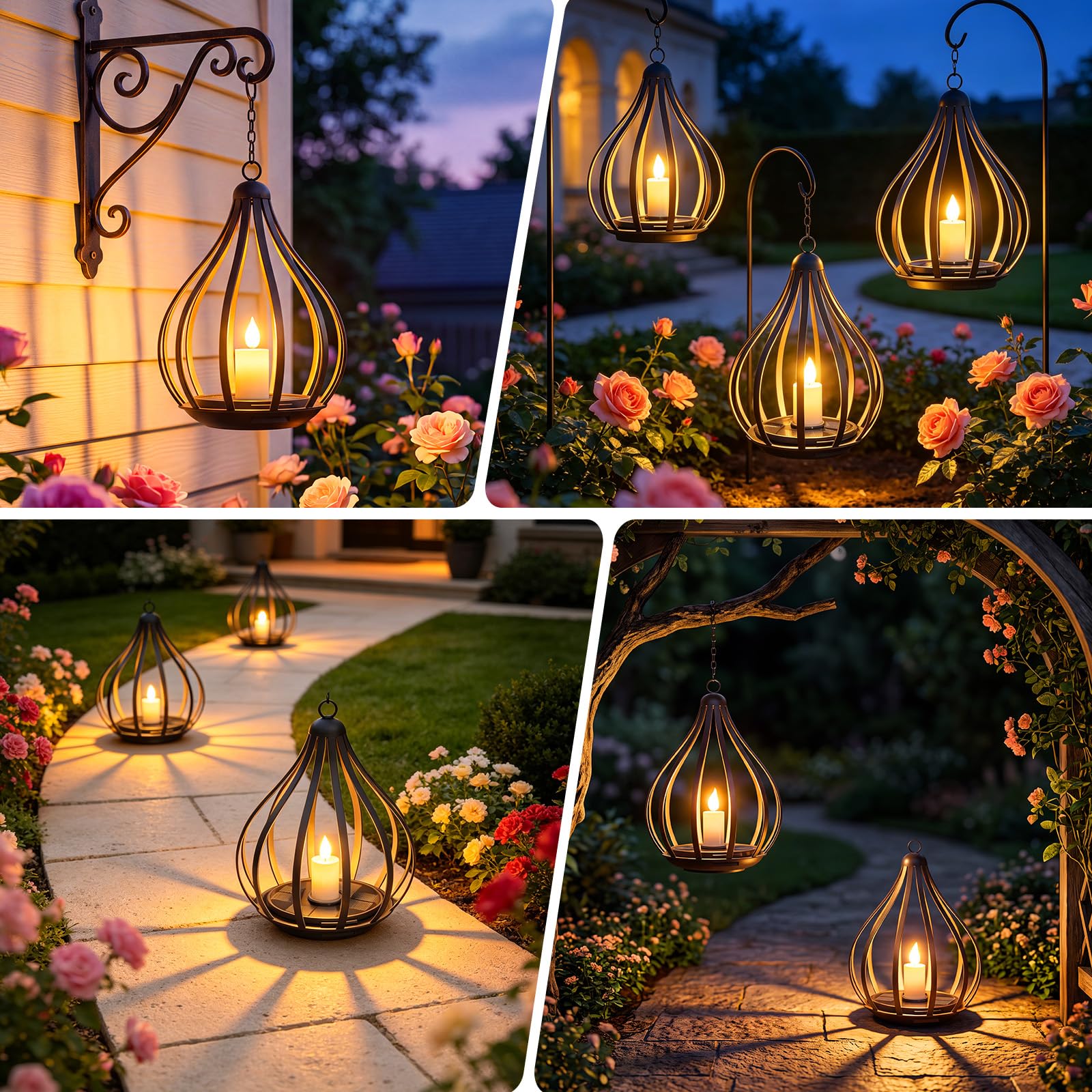 Solarlampen für Außen Hängend, 4er Set Metall Solarlaterne mit Flackernde Flamme, IP65 Gartendeko Wetterfest, Solarleuchten Garten mit Haken und Kette für Balkon Terrasse Tischdeko Halloween