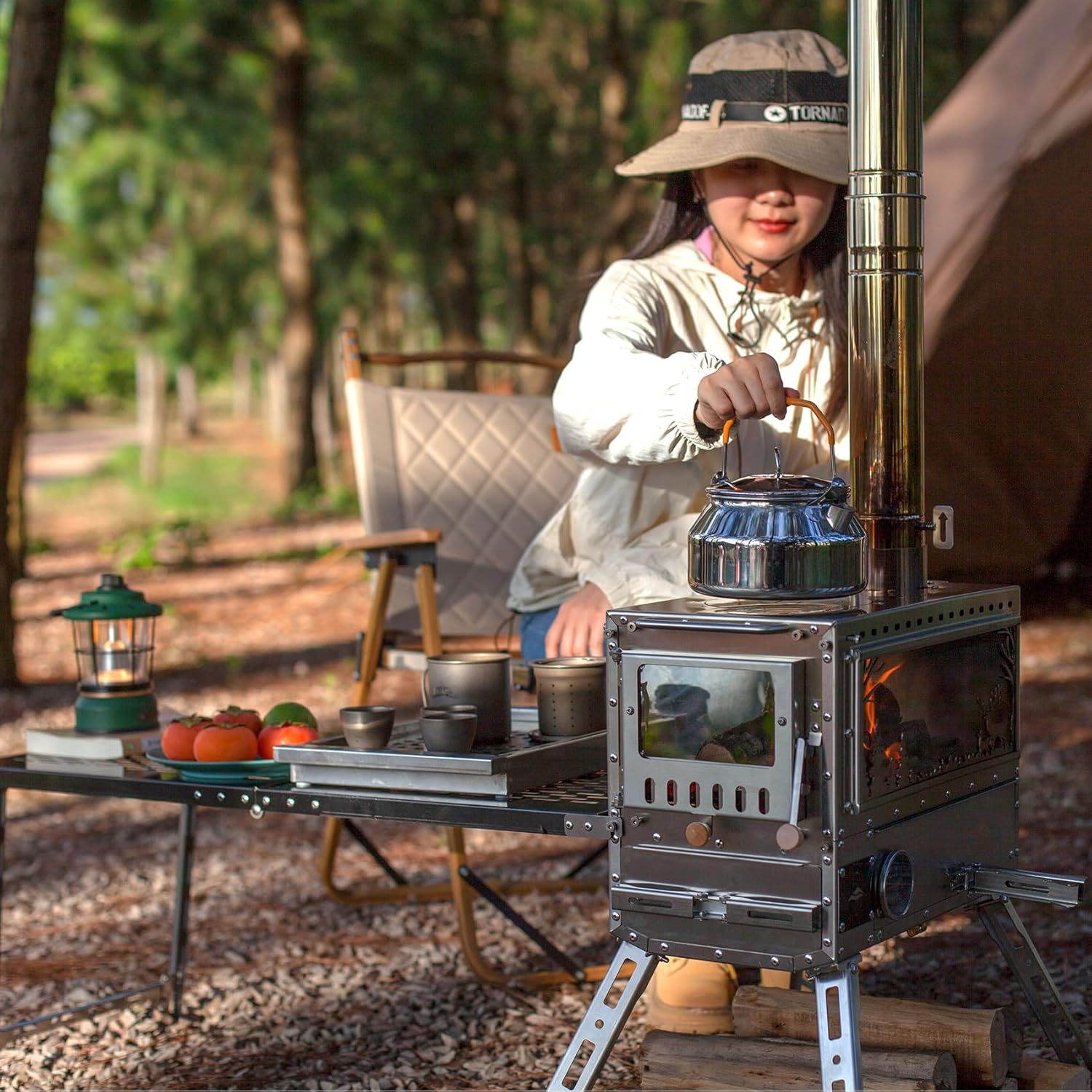 M6 Wood Burning Stove with Oven, 908 cu in Large Firebox & 3 Air Vents, Stainless Steel Camp Stove with Foldable IGT Table, Ash Drawer & 6 Chimney Pipes for Outdoor Cooking, Camping