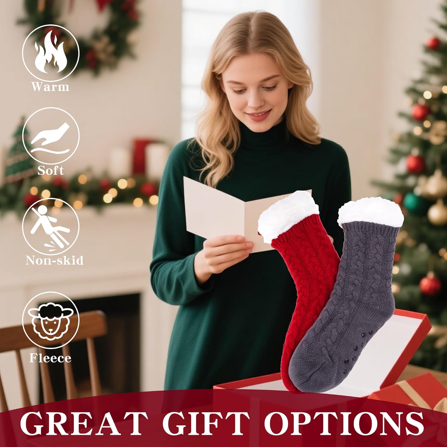 2 Pairs Women's Knit Slipper Socks with Non-slip Grippers Women Winter Thick Slipper Socks with Grippers Warm Fuzzy Socks Christmas Gifts - Image 5
