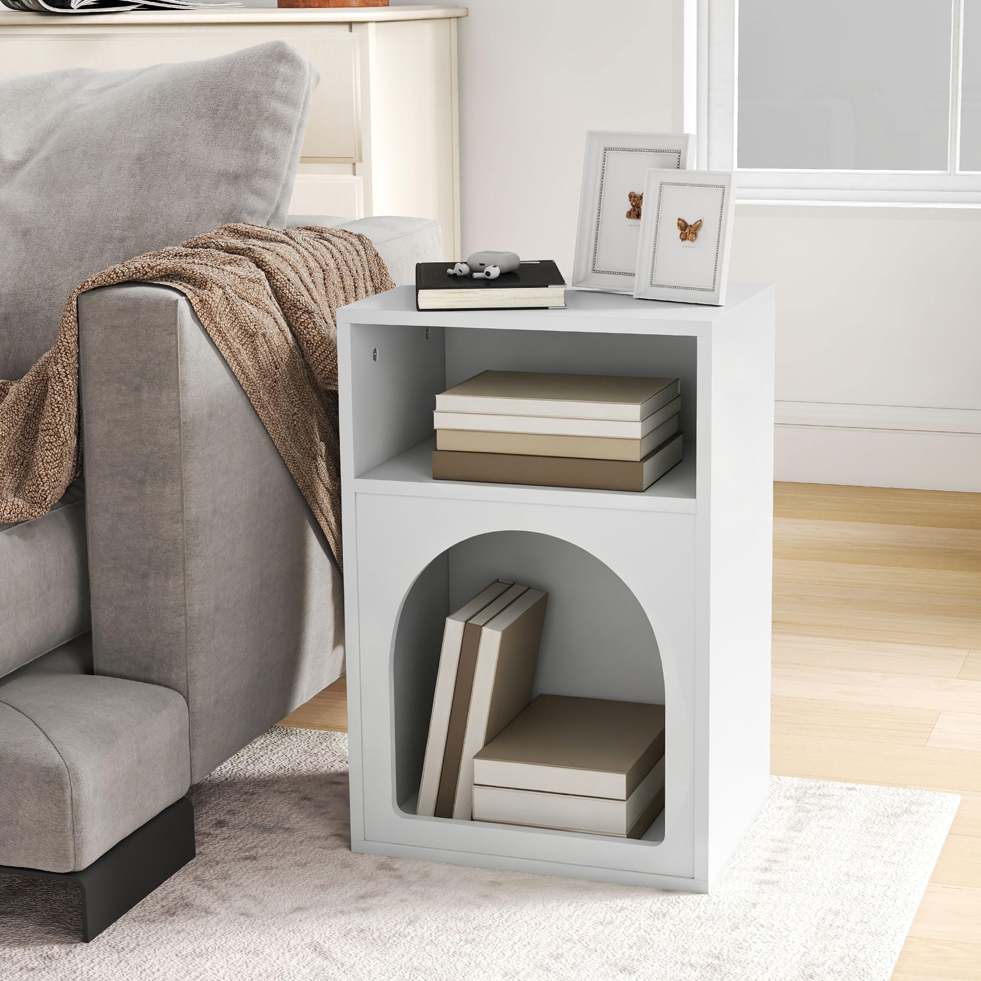 HOMCOM Lot de 2 Tables de Chevet, Table de Nuit avec Compartiments Ouverts, Design arqué, Chevet de lit pour Chambre à Coucher, Salon, 40 x 30 x 60 cm, Blanc