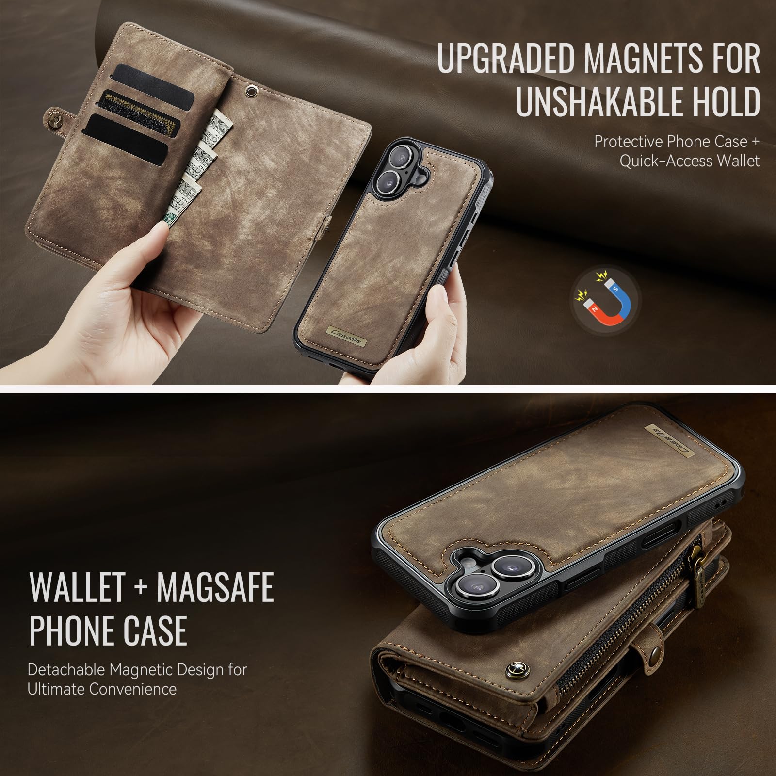 Etui portfelowe na iPhone'a 17 z 8 przegródkami na karty, magnetyczne zamknięcie, kieszeń na zamek błyskawiczny, odpinane magnetyczne wzornictwo 2 w 1, wysokiej jakości skóra PU, z paskiem na