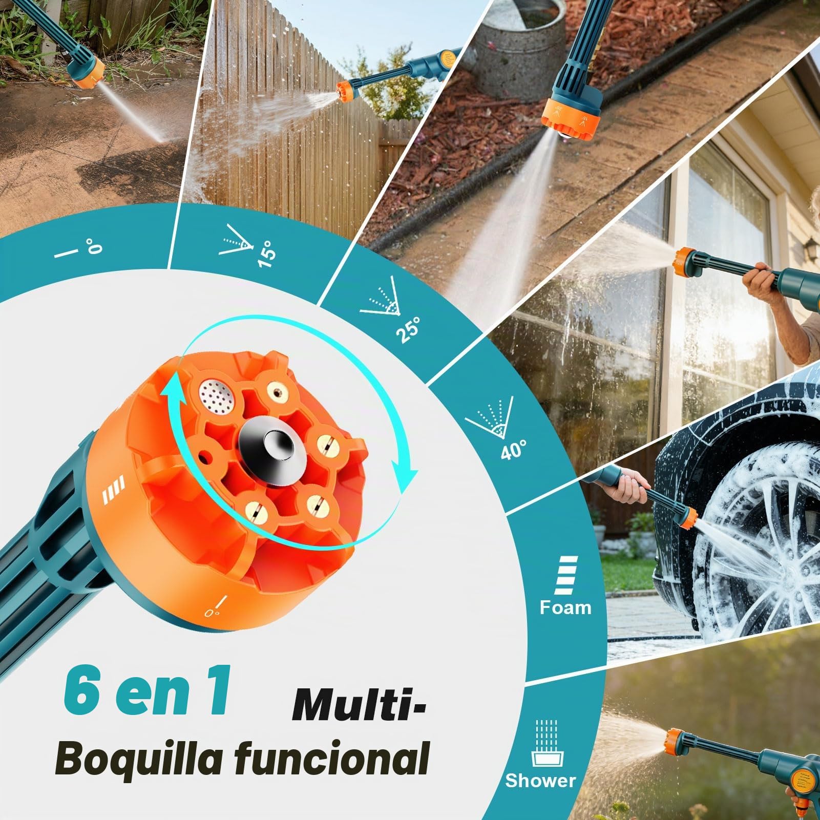Hidrolimpiadora Bateria,Hidrolimpiadora de Alta Presion con 2 Baterías 3000mAh,Portátil Pistola de Agua a Presión,Boquilla 6 en 1 y Cañón de Espuma,para Limpiar Coche, Terraza, Jardín Limpieza y Riego
