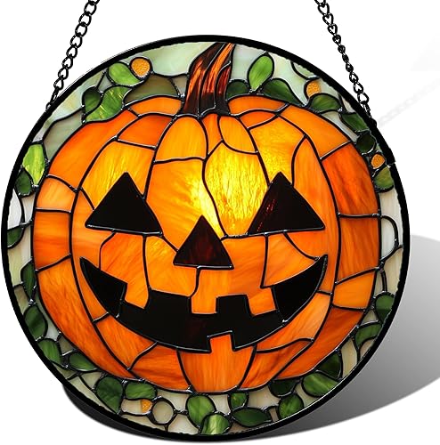 Colgante de Vidrio Emplomado para Ventana, Decoraciones de Halloween Calabaza Malvada Atrapasol para Puertas Jardín Interior Espeluznante Divertido