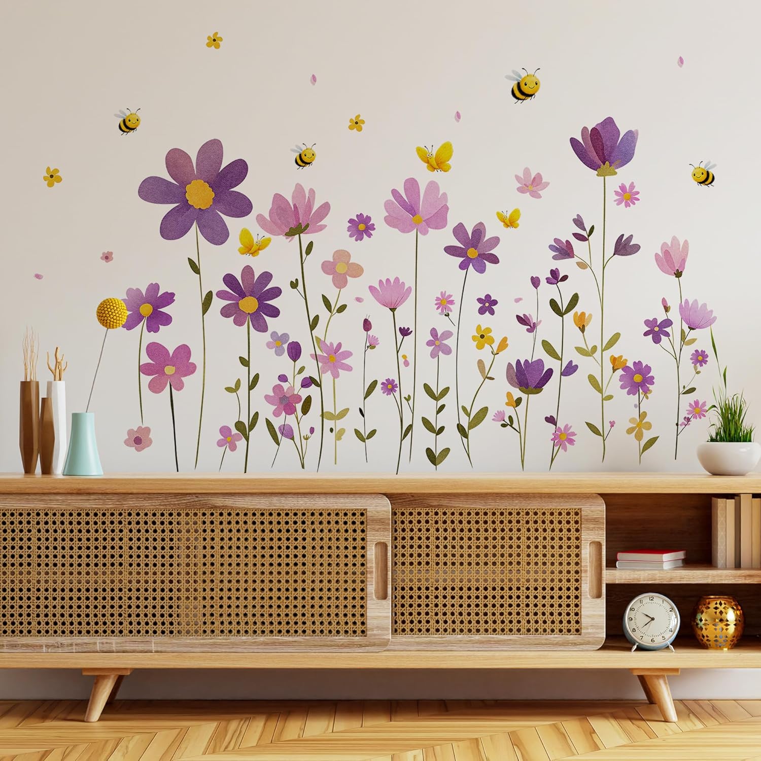 Watercolor Wildflower Wall Stickers, Boho Floral Decals with Daisies Butterflies Grass, Peel and Stick Botanical Wall Art for Bedroom Living Room Sofa TV Background Home Decor