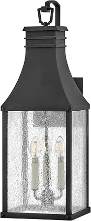 Hinkley Beacon Hill Large Wall Mount Outdoor Lantern, Aluminum, Clear Seedy Glass, Old World Charm, Museum Black Finish