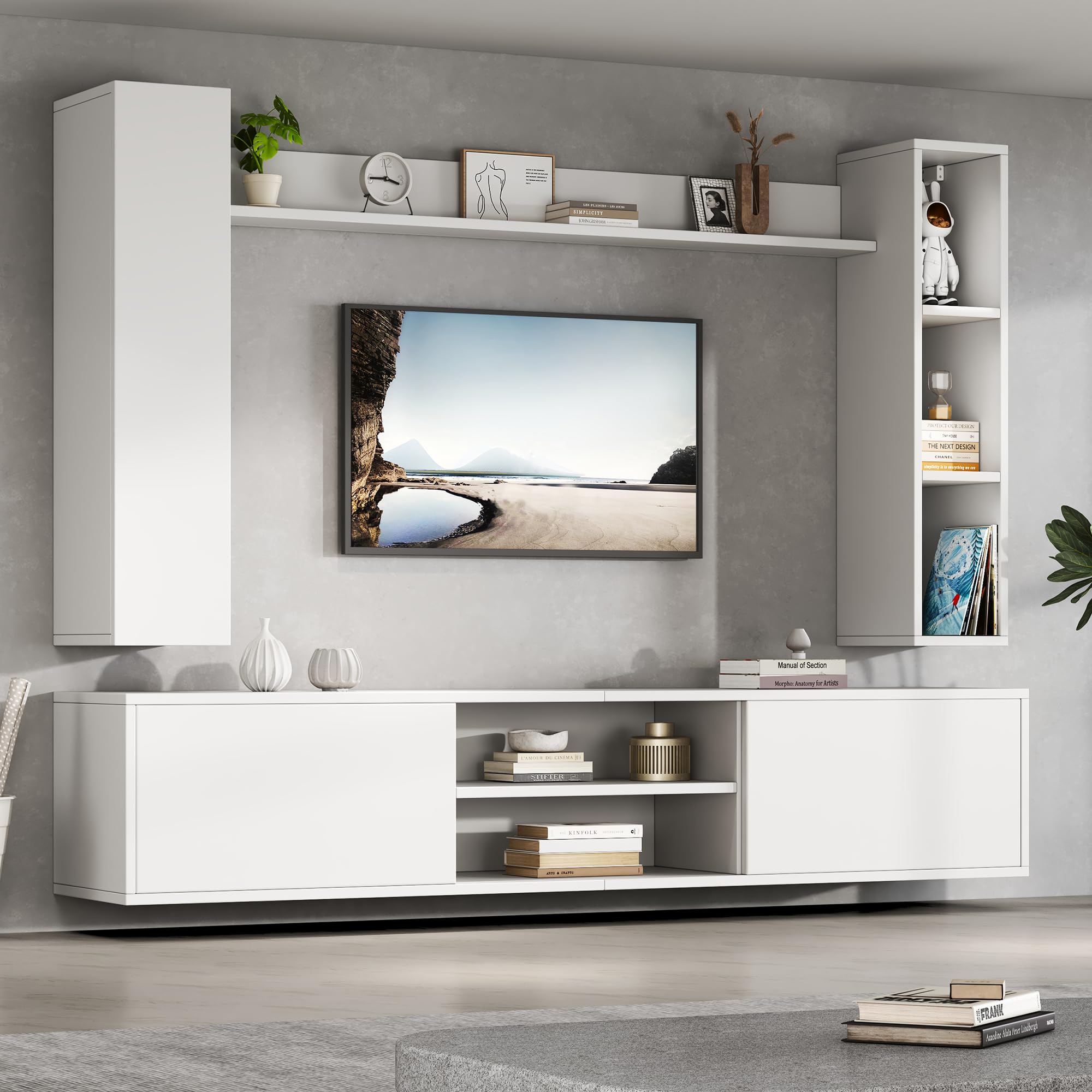 MURUL Set da parete per TV, 4 pezzi, 180 x 35 x 33,5 cm, bianco, con vetrine e supporto flessibile, per TV fino a 80 pollici