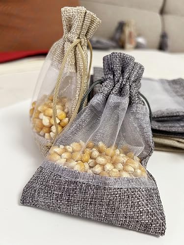 Miniatura 2 de Daihellenstone - Paquete de 20 bolsas de arpillera de organza de lino de 4 x 5.6 pulgadas con cordón para fiestas, Navidad, bodas, bolsas de regalo