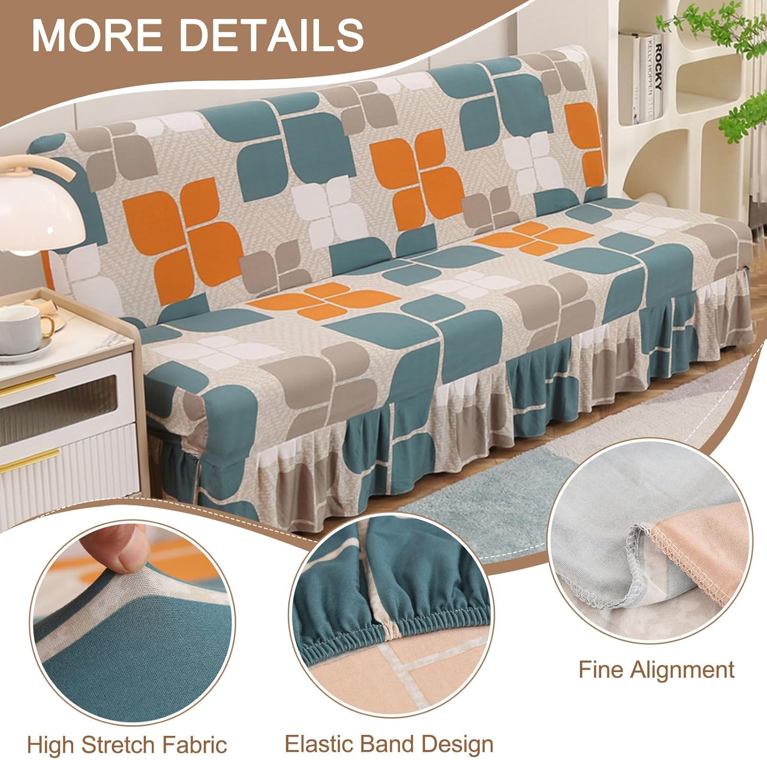 Printed Futon Cover, Stretch Futon Slipcover Soft with Skirt Folding Sofa Bed Cover Washable Furniture Protector-K-61-72.8in(155-185cm)
