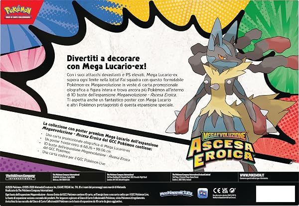 Pokémon: collezione con poster premium Mega Lucario dell’espansione Megaevoluzione - Ascesa Eroica del GCC Pokémon (una carta promozionale olografica, un poster fronte-retro e 10 buste di espansione) - 3