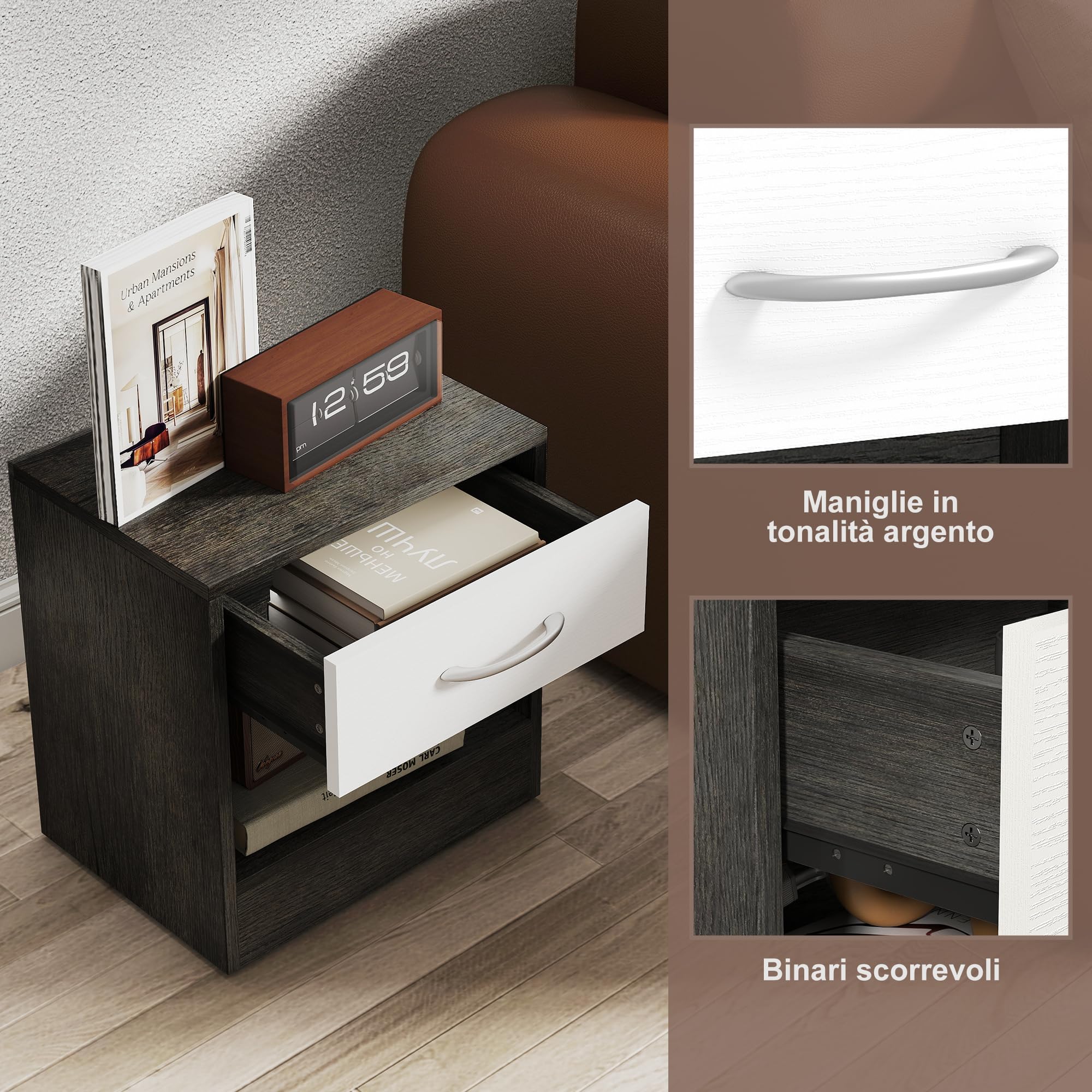 HOMCOM Set 2 Comodini per Camera da Letto con Ripiano Aperto e Cassetto, Comodini Moderni in Truciolato, 39x28x41 cm, Bianco e Grigio Scuro