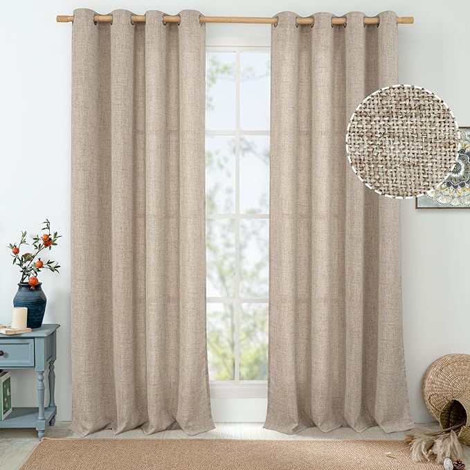 Linen Curtains for Living Room 84 Inch Length 2 Panels, Burlap Curtains Light Filtering Thick Semi Sheer Non See Through Grommet Living Room Curtains for Farmhouse, 52 Inch Wide, Dark Oatmeal