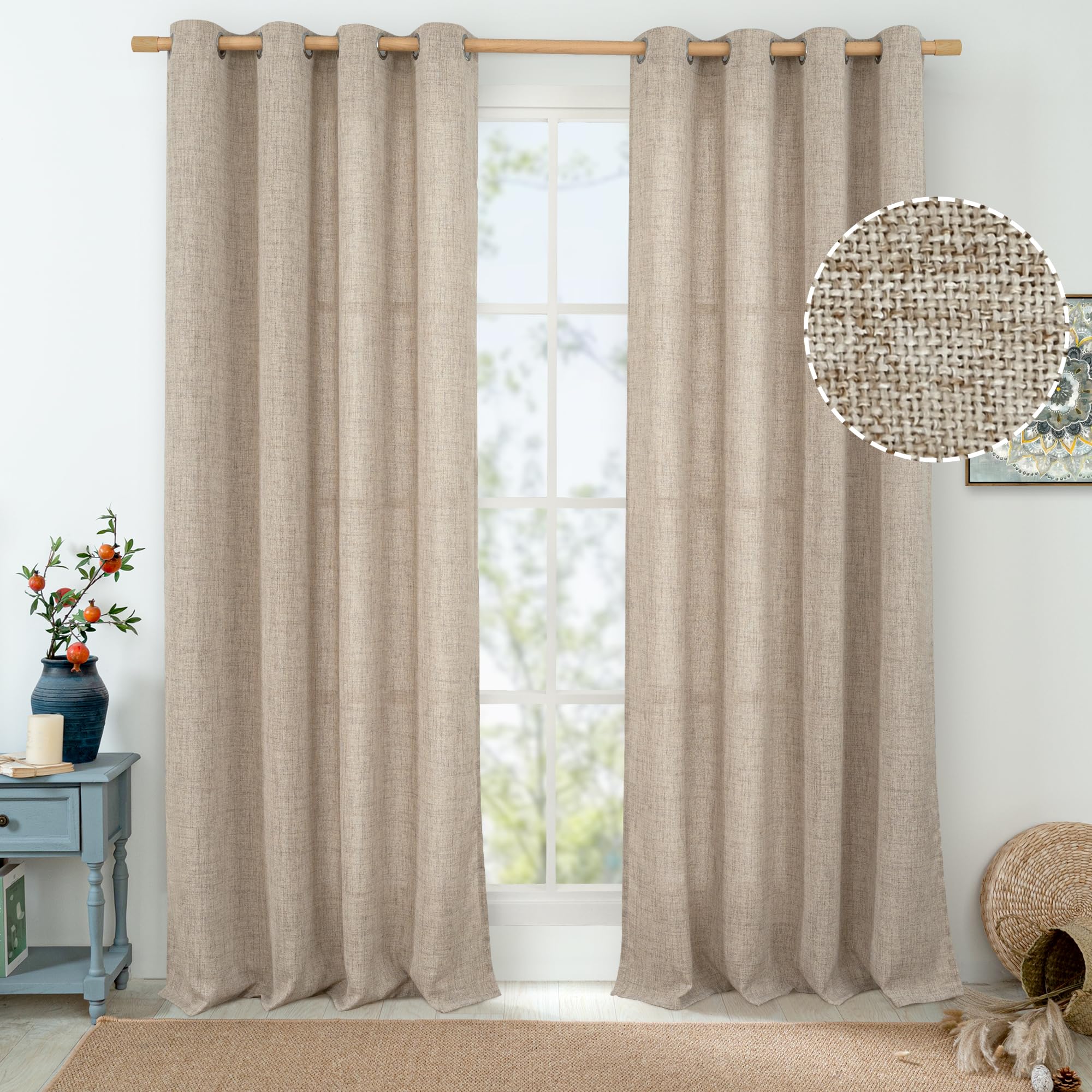 QUEMAS Oatmeal Linen Curtains for Living Room 84 Inch Length 2 Panels, Burlap Textured Curtains Light Filtering Thick Semi Sheer Grommet Farmhouse Living Room Curtains, 52 Inch Wide, Dark Oatmeal