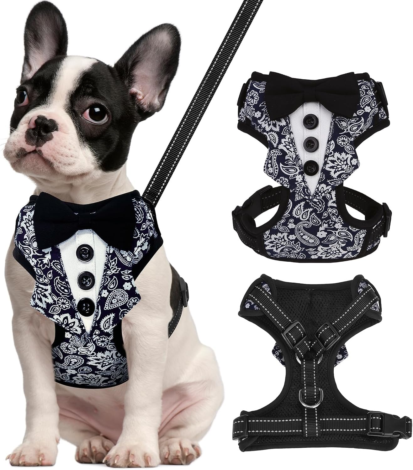BINGPET Dog Tuxedo Harness for Small Medium Dogs, No Pull Dog Harness and Leash Set,Soft Padded Mesh Step-in Dog Vest Tux Costume for Wedding Outfit Birthday Party Holiday,Pet Formal Wear with Bowtie