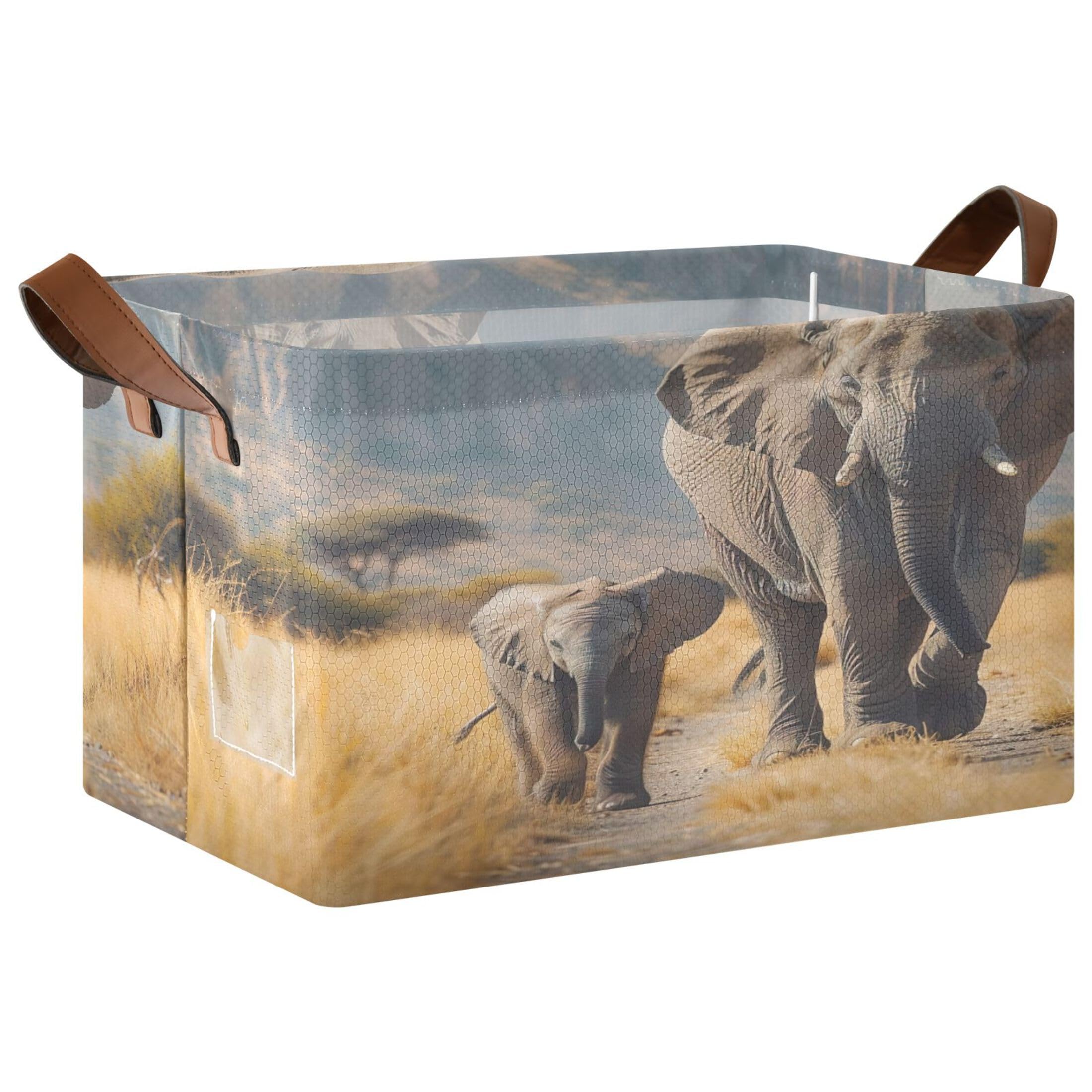 Kutsu Foldable Storage Basket Africa Elephants Collapsible Storage Bin with Handles for Shelves, Rectangle Basket for Home Nursery Decor, 16.9x11.4x10 in