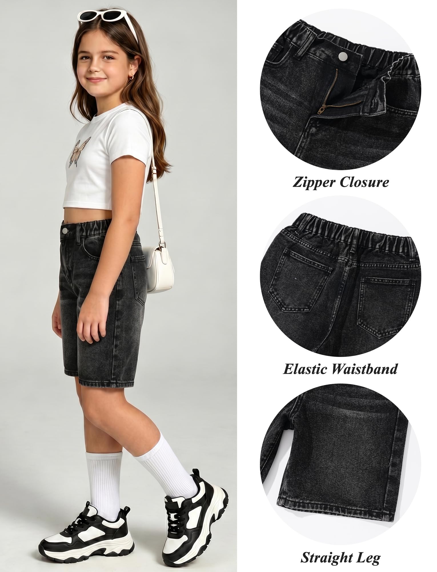 SEAUR Fille Short en Jean Long Ample Coton Taille Élastique d'Été Jeans Fille Bermuda Cargo Baggy Décontracté 8-12 Ans