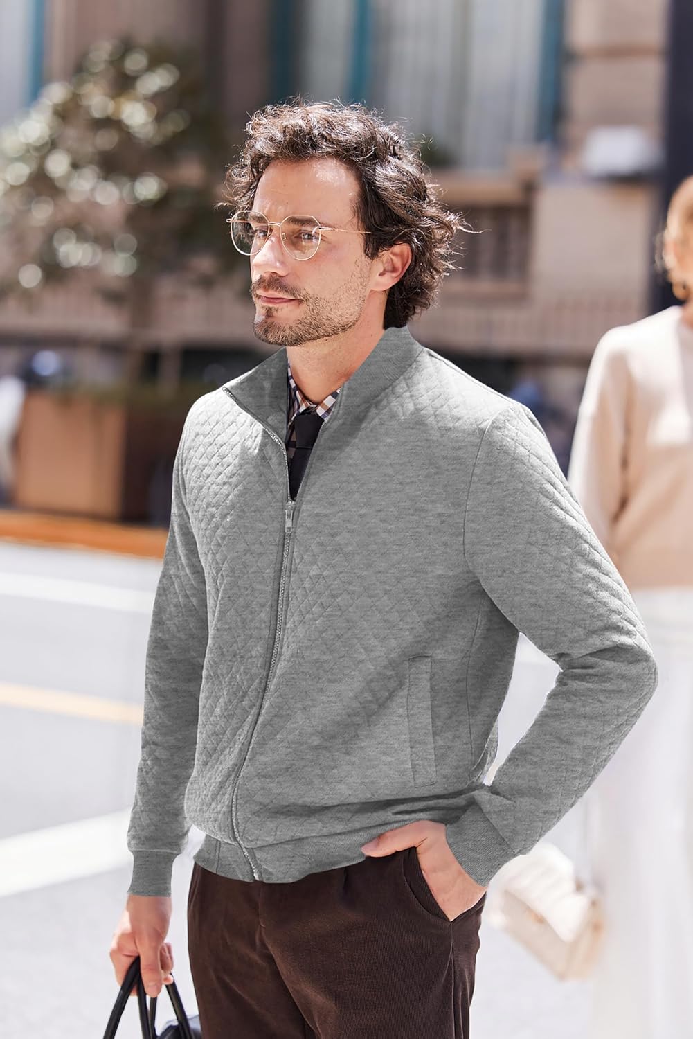 COOFANDY Mens Zip Up Sweatshirt Mock Neck Quilted Jacket Casual Lightweight Sweater Jackets with Pocket - Image 3